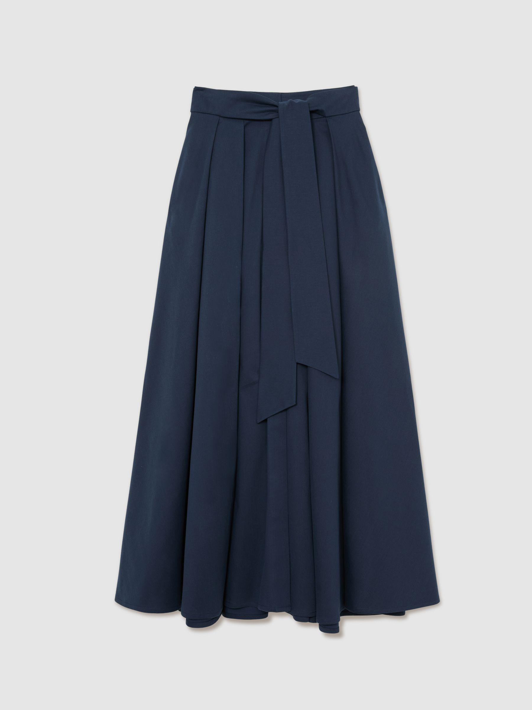 Petite Cotton-Blend Pleated Maxi Skirt in Navy Product Image