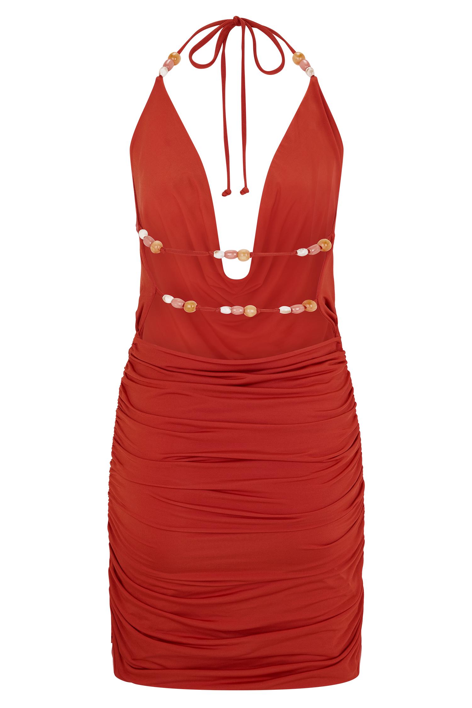 Astraeus Beaded Cowl Mini Dress - Desert Red Product Image