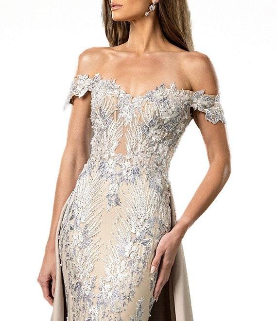 Terani Couture Off The Shoulder Lace Mermaid Gown With Over Skirt Product Image