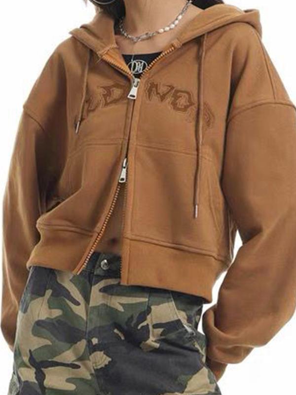 Letter Embroidery Double Zipper Short Oversized Hoodie Product Image