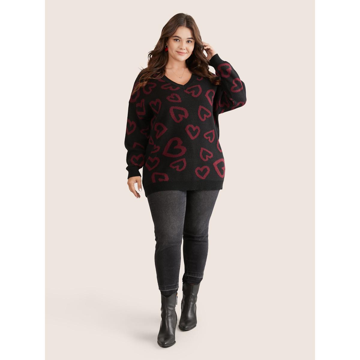 Plus Size Heart Jacquard Contrast Drop Shoulder Pullover Black Women Casual Loose Long Sleeve V-neck Dailywear Pullovers BloomChic 10/M Product Image