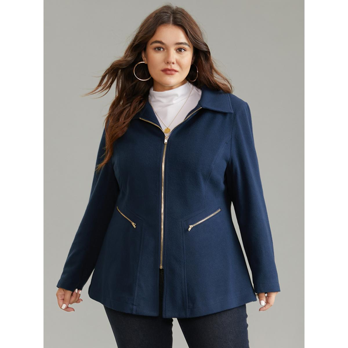 Plus Size Plain Pocket Lapel Collar Zipper Coat Women Indigo Work From Home Lined Ladies Office Winter Coats BloomChic 30/6X Product Image