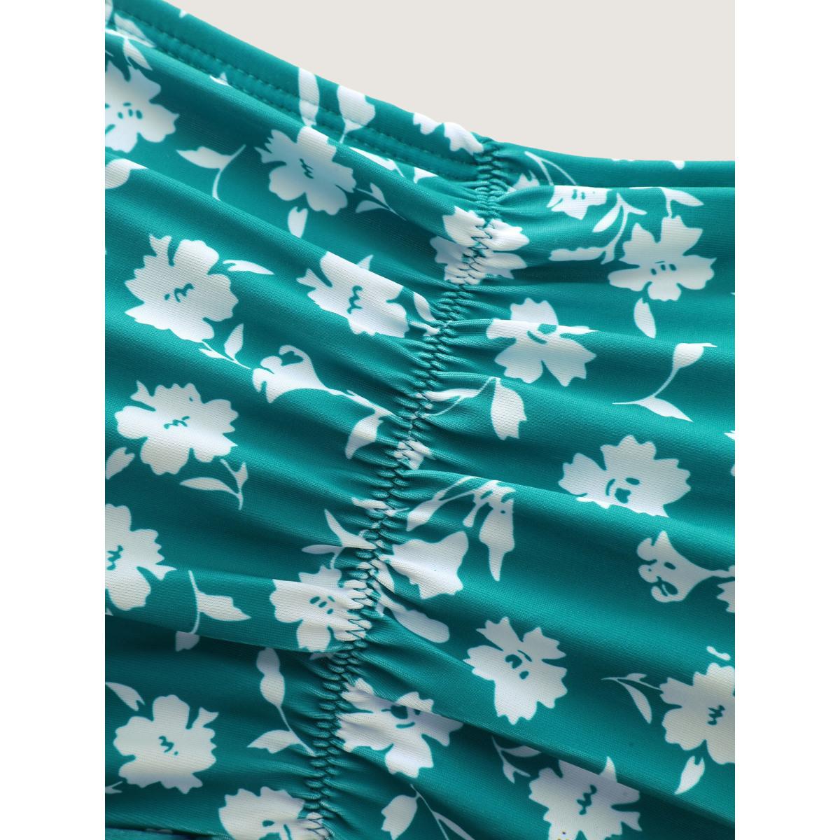 Plus Size Ditsy Floral Ruched Empire Waist Swim Dress Women's Swimwear Teal Resort Bodycon Heart neckline High stretch Curve Swim Dresses BloomChic 26/4X Product Image