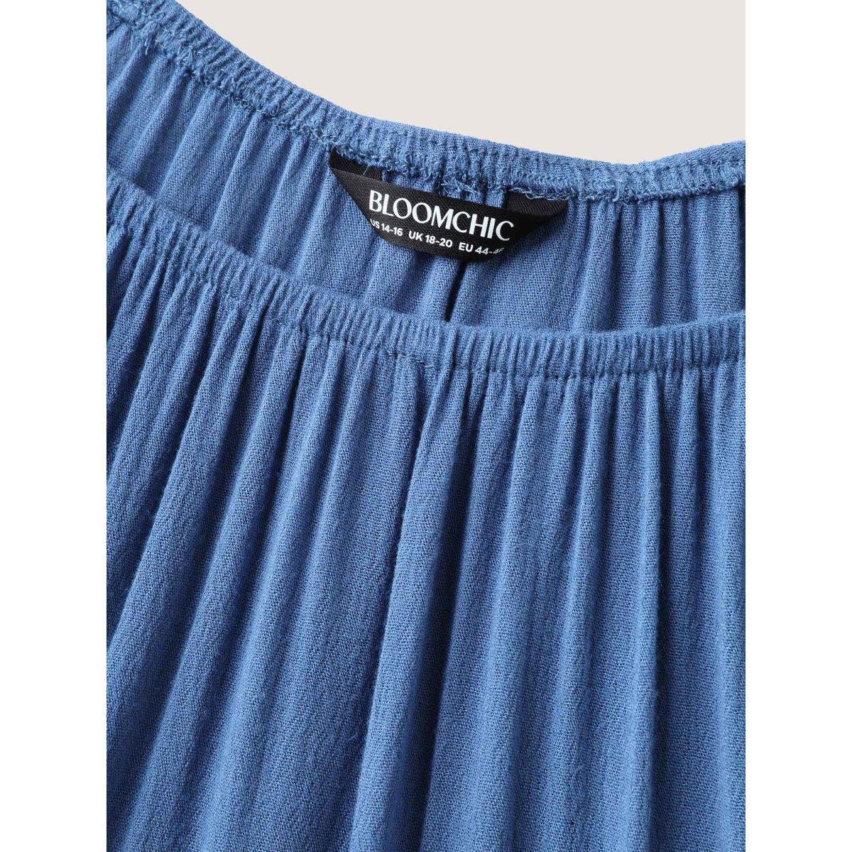 Plus Size Mediumblue Rayon Lace Trim Solid Relaxed Blouse Women Short sleeve Round Neck Everyday-Elegant Blouses BloomChic 30/6X Product Image