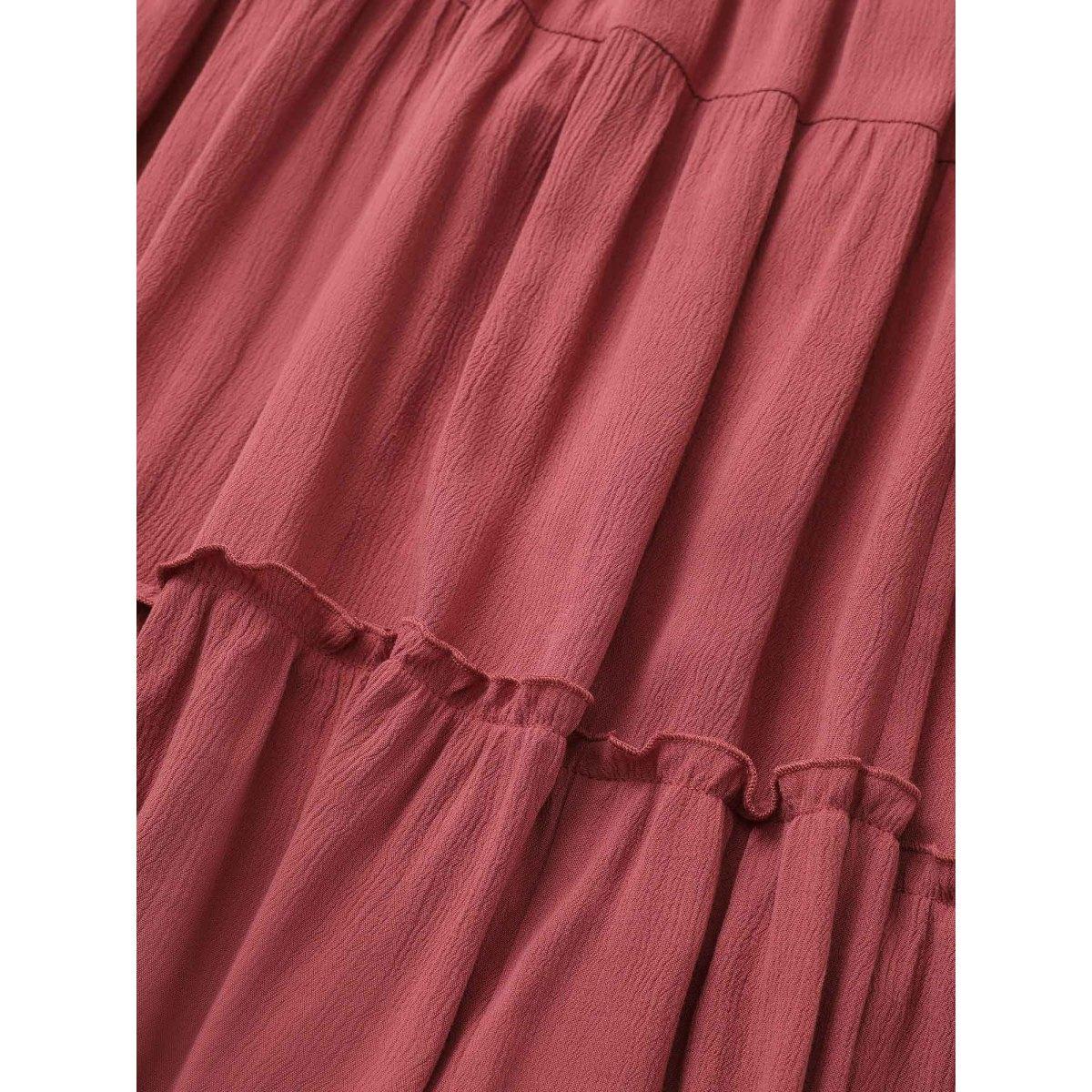 Plus Size Solid Frill Trim Crinkled Ruffle Layered Hem Dress Russet Women Casual Non V-neck Elbow-length sleeve Curvy Midi Dress BloomChic 10/M Product Image