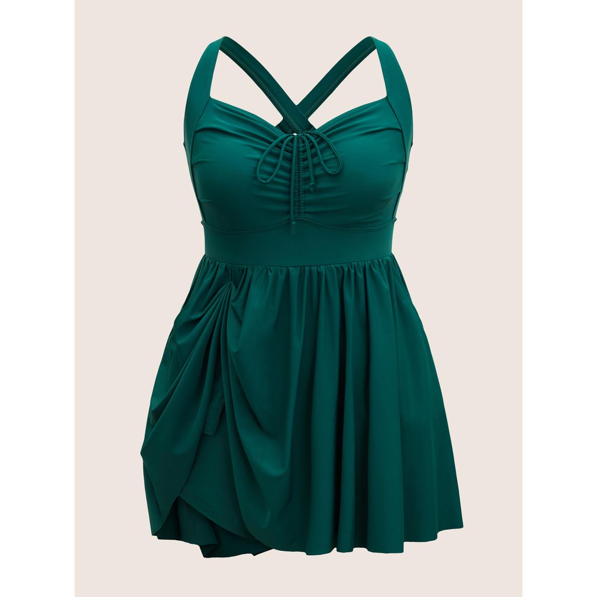 Plus Size Solid Pocket Ruched Drawstring Swim Dress Women's Swimwear DarkGreen Beach Bodycon Heart neckline High stretch Curve Swim Dresses BloomChic 26/4X Product Image