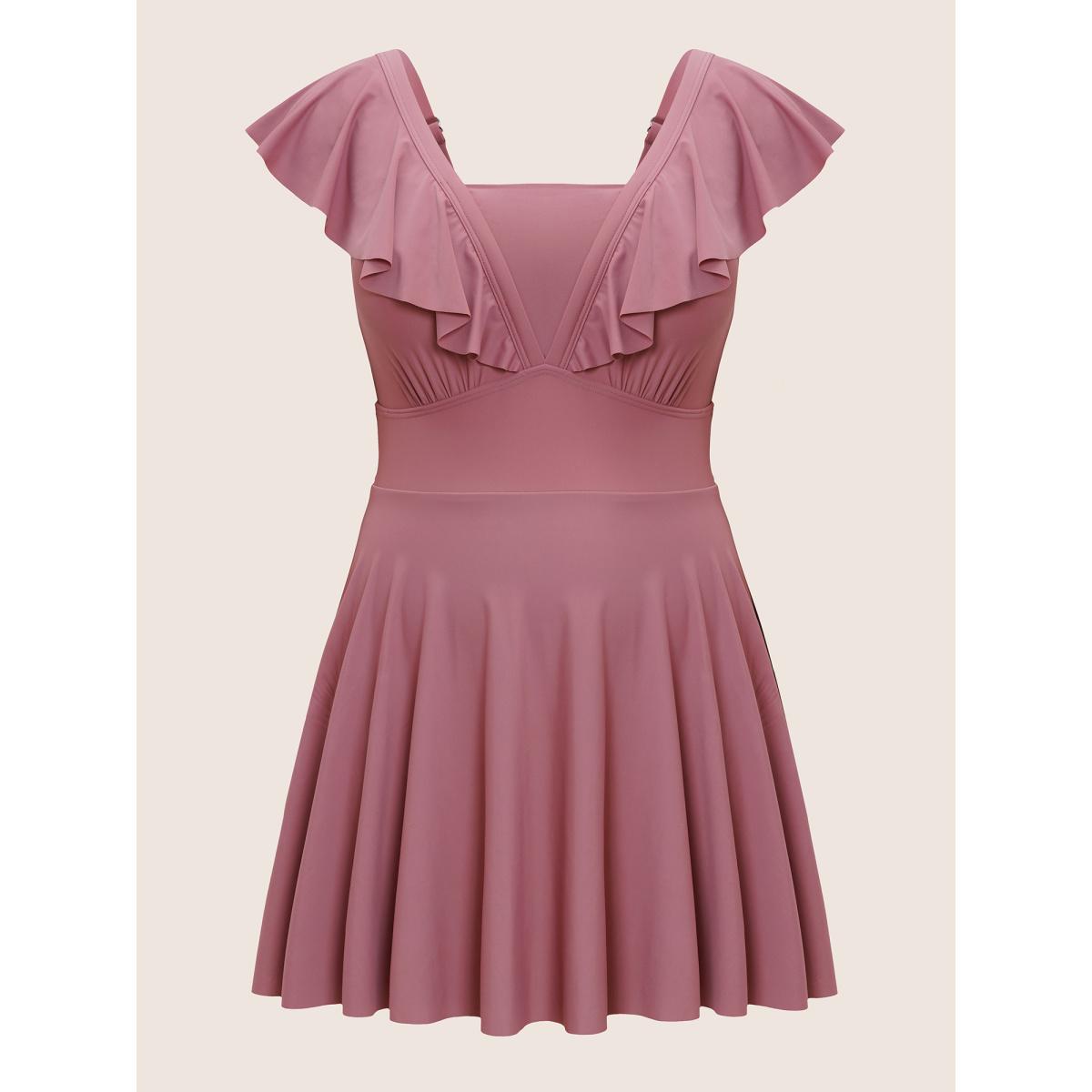 Plus Size Solid Flutter Trim A Line Swim Dress Women's Swimwear DustyPink Beach Bodycon Square Neck High stretch Curve Swim Dresses BloomChic 12/L Product Image