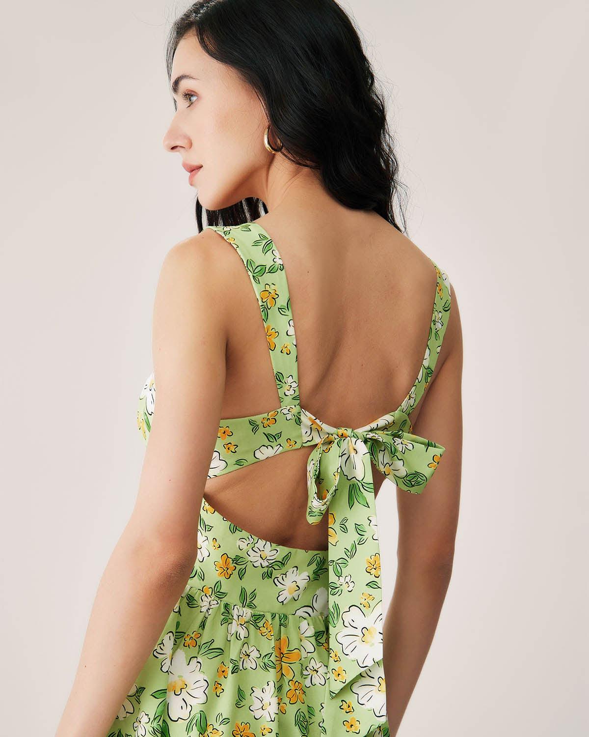 Green Floral Backless Maxi Dress Product Image