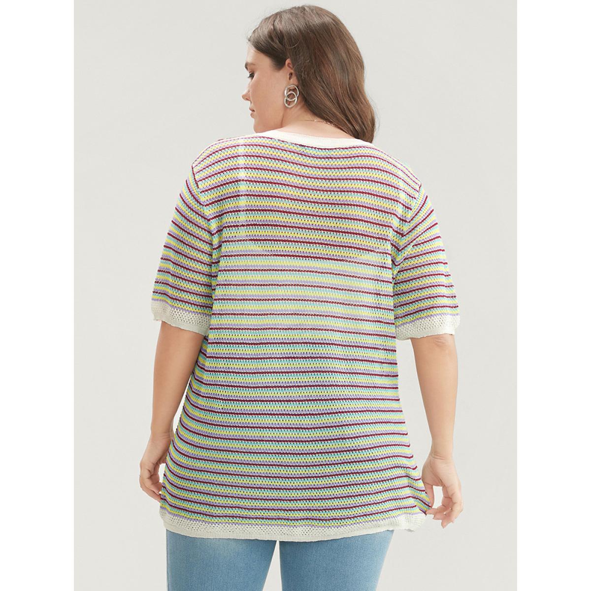 Plus Size Striped Contrast Round Neck Knit Top Multicolor Women Vacation Short sleeve Round Neck Dailywear Pullovers BloomChic 18-20/2X Product Image