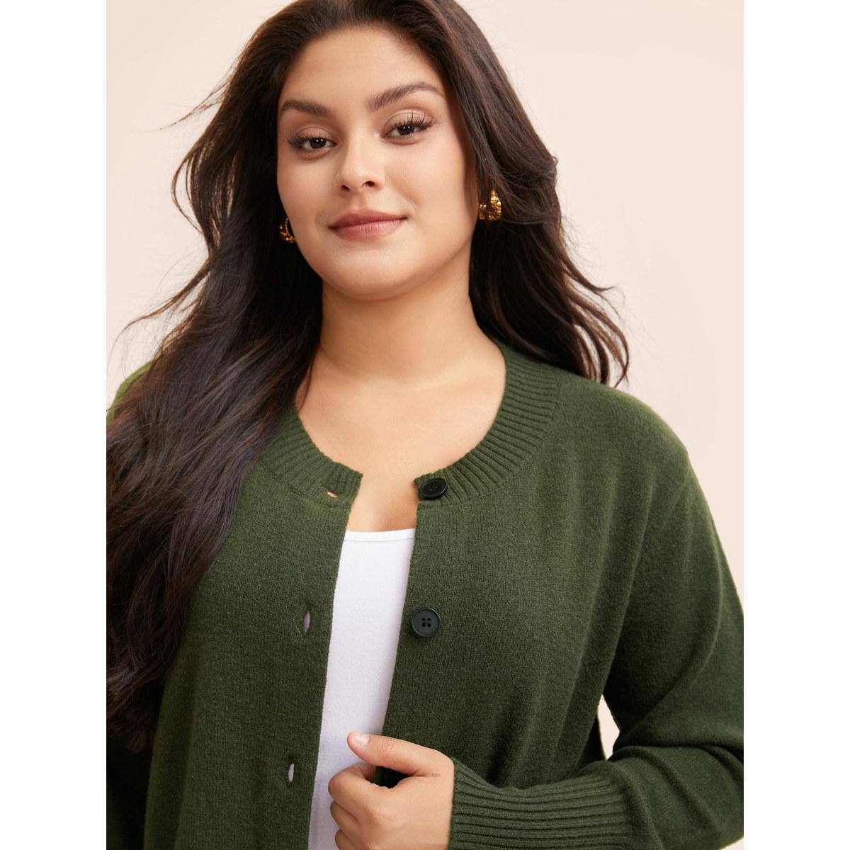 Plus Size Plain Round Neck Button Through Cardigan DarkGreen Women Casual Long Sleeve Everyday Cardigans BloomChic 30/6X Product Image