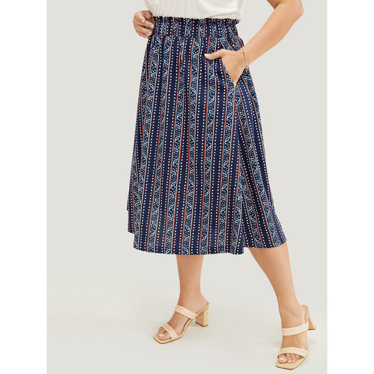 Plus Size Striped Print Pocket Paperbag Waist Skirt Women Indigo Vacation No stretch Pocket Dailywear Skirts BloomChic 18-20/2X Product Image