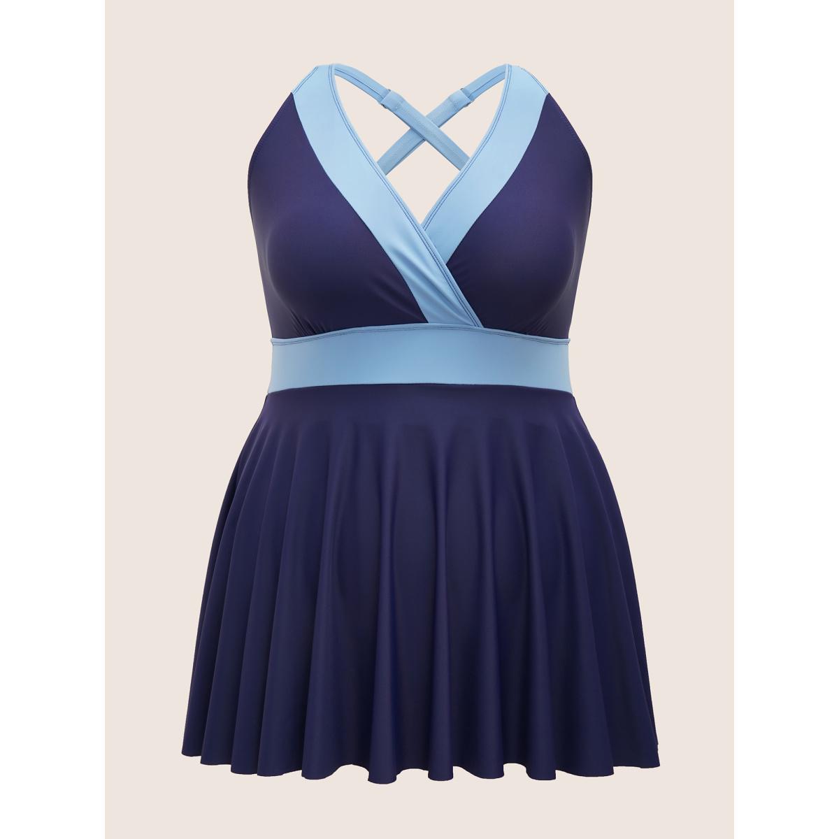 Plus Size Two Tone Gathered Overlap Collar Swim Dress Women's Swimwear Indigo Beach Bodycon Overlap Collar High stretch Curve Swim Dresses BloomChic 10/M Product Image