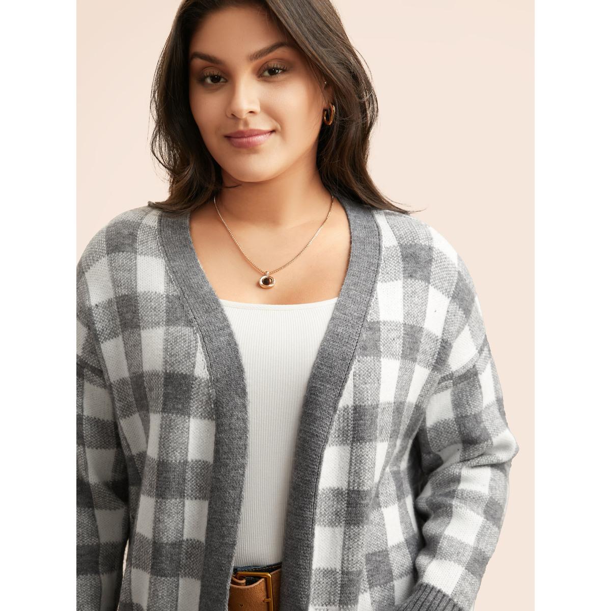Plus Size Supersoft Essentials Plaid Drop Shoulder Cardigan DimGray Women Casual Loose Long Sleeve Everyday Cardigans BloomChic 26/4X Product Image