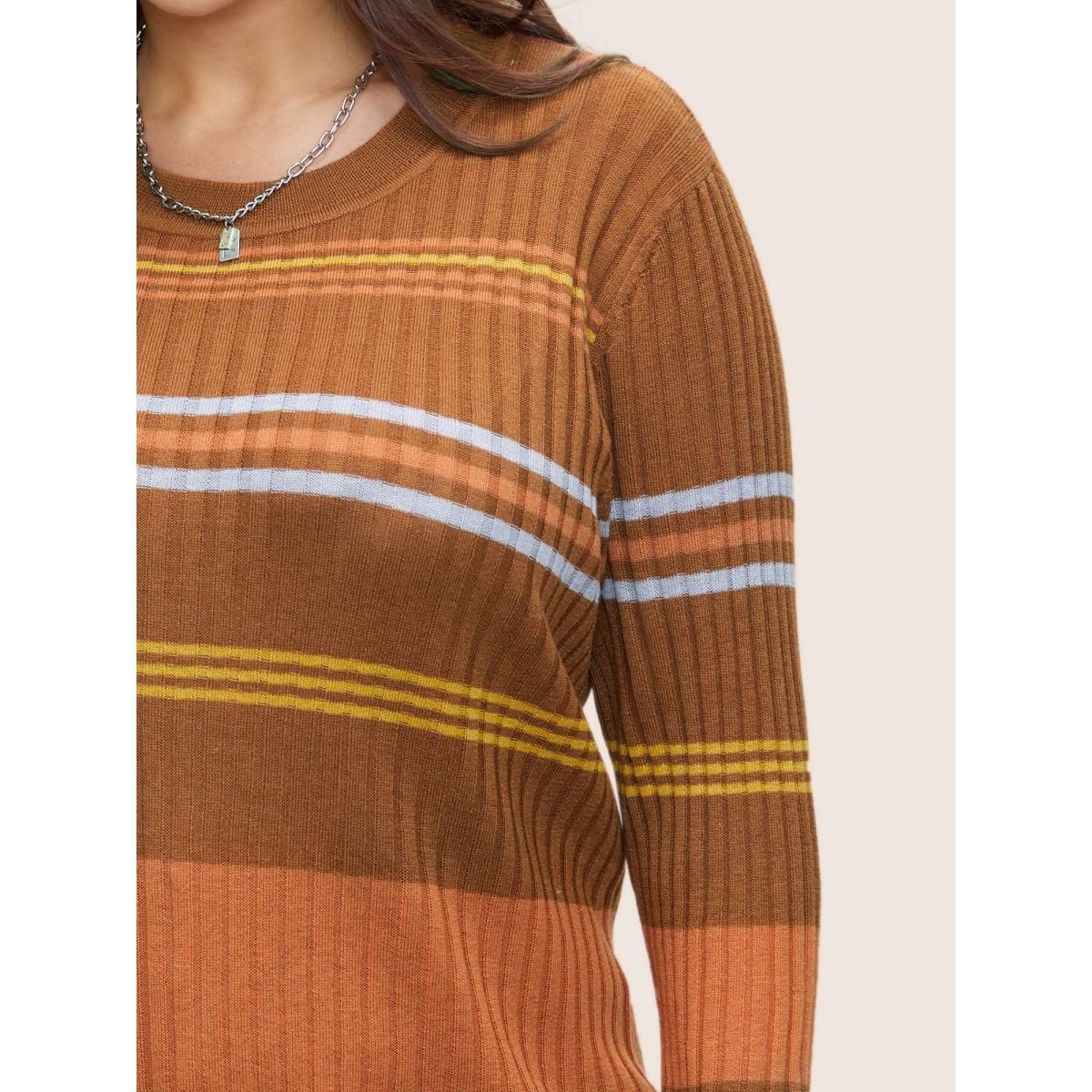 Plus Size Supersoft Essentials Contrast Striped Pullover Rust Women Casual Long Sleeve Round Neck Everyday Pullovers BloomChic 26/4X Product Image