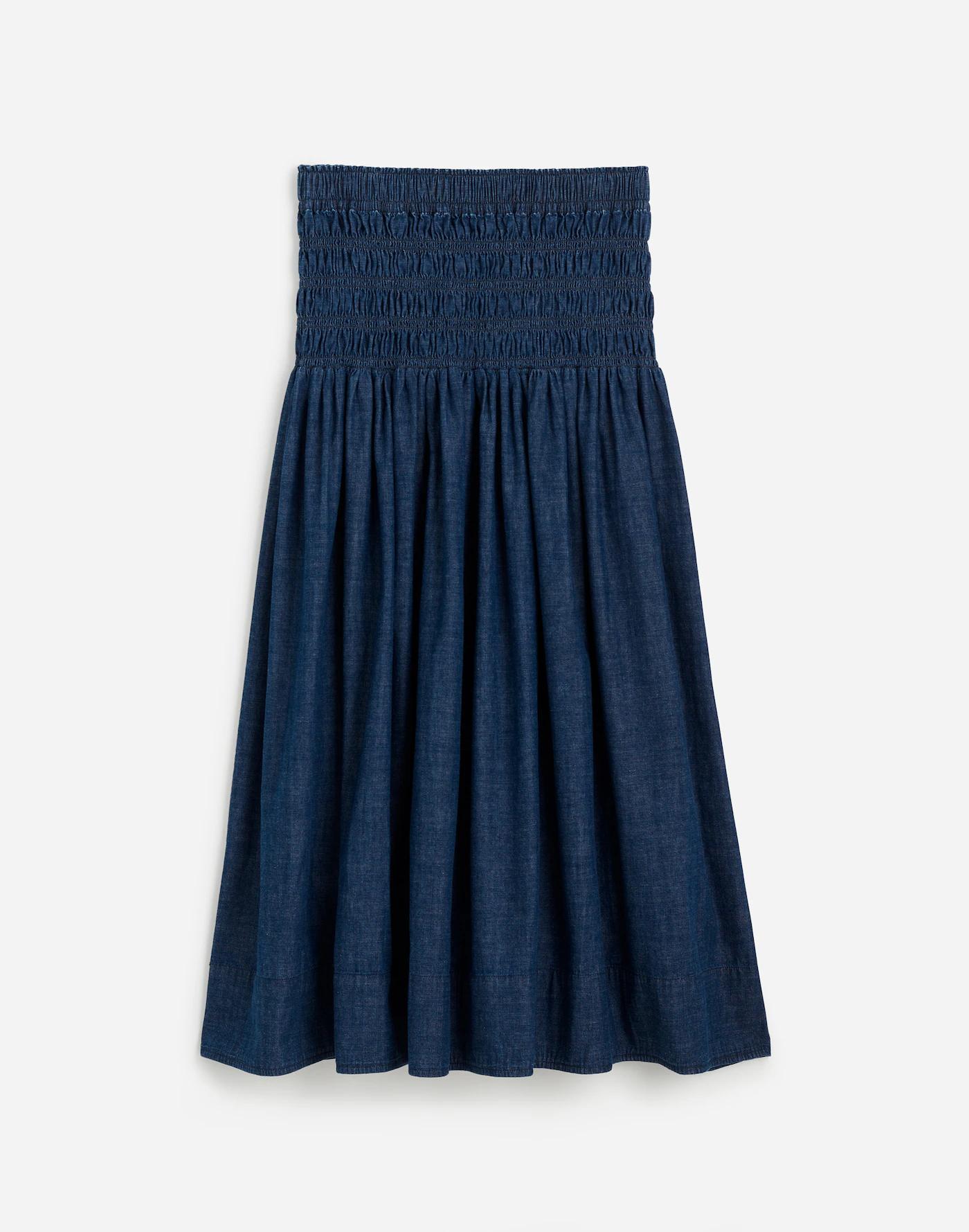 Smocked-Waist Denim Midi Skirt Product Image