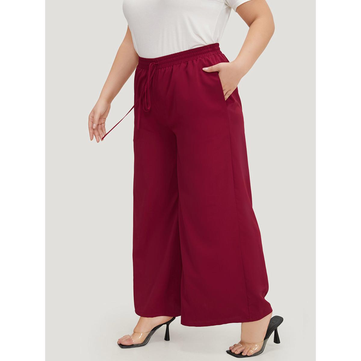 Plus Size Solid Pocket Drawstring Wide Leg Pants Women Burgundy Office Wide Leg High Rise Office Pants BloomChic 14-16/1X Product Image