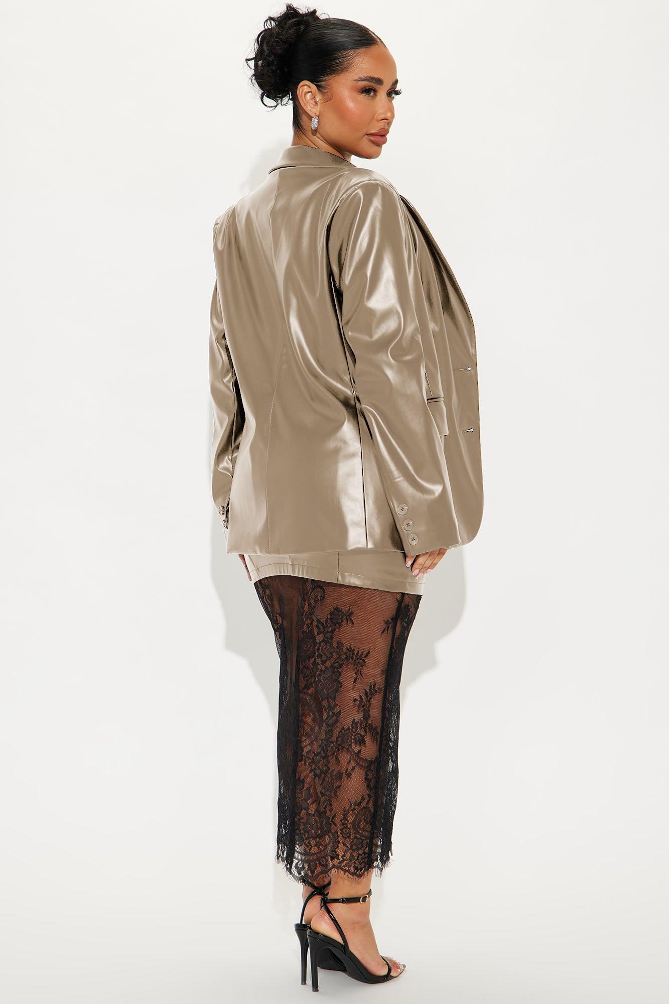 Handle Business Faux Leather Midi Dress and Blazer Set - Taupe Product Image