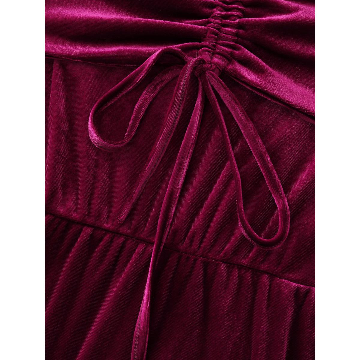 Plus Size Velvet Off-Shoulder Bow Pockets Midi Dress Burgundy Women Party&Cocktail Non Long Sleeve Curvy BloomChic 12/L Product Image