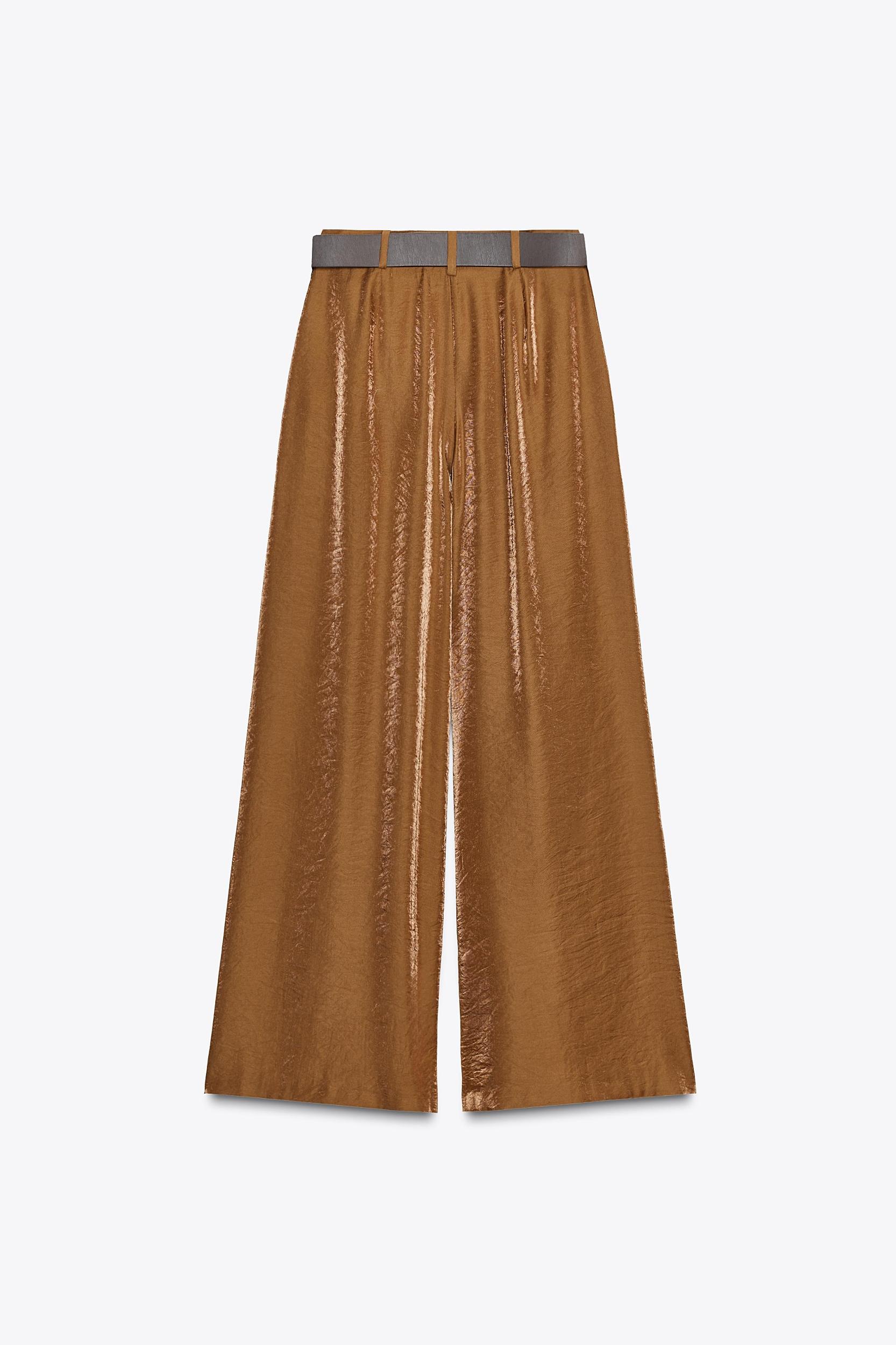 SATIN WIDE LEG BELTED PANTS Product Image
