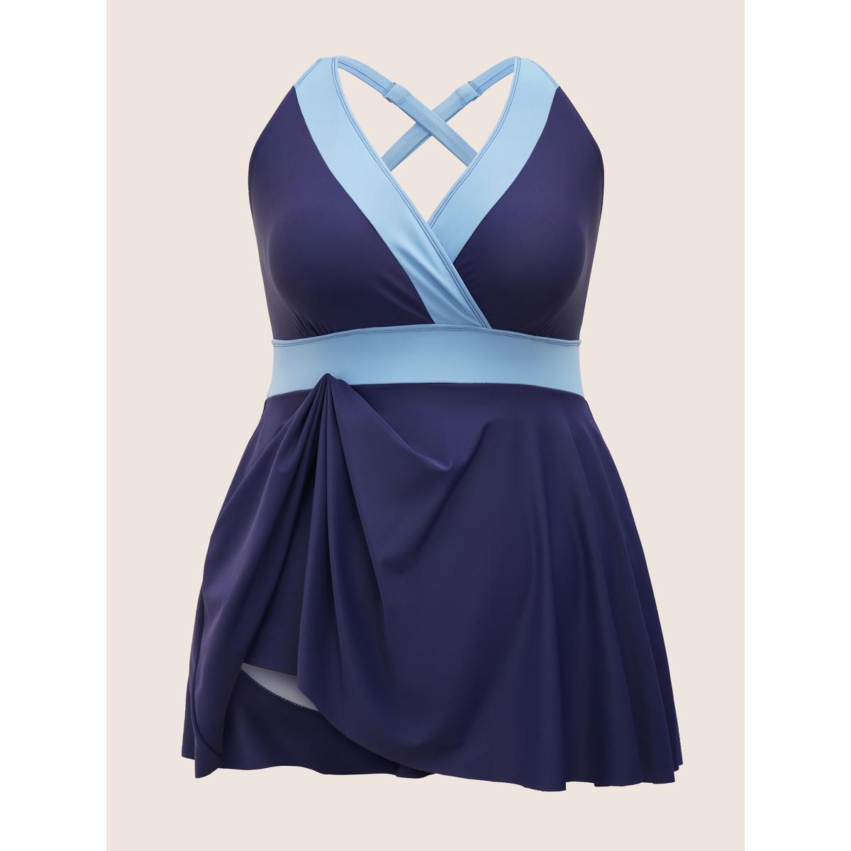 Plus Size Two Tone Gathered Overlap Collar Swim Dress Women's Swimwear Indigo Beach Bodycon Overlap Collar High stretch Curve Swim Dresses BloomChic 10/M Product Image