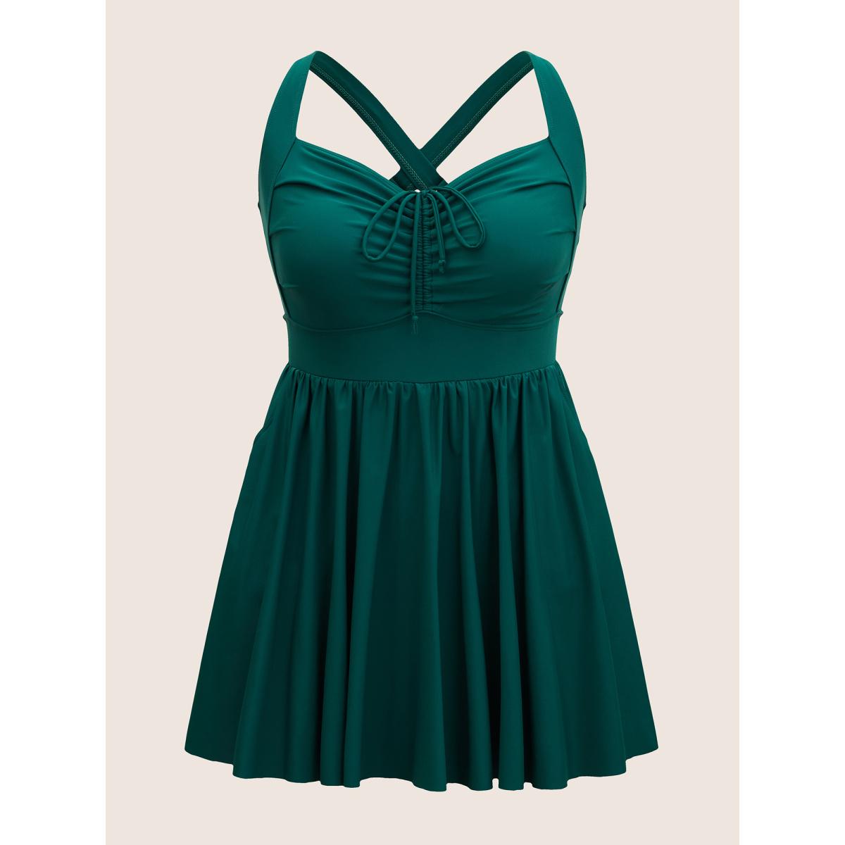 Plus Size Solid Pocket Ruched Drawstring Swim Dress Women's Swimwear DarkGreen Beach Bodycon Heart neckline High stretch Curve Swim Dresses BloomChic 26/4X Product Image