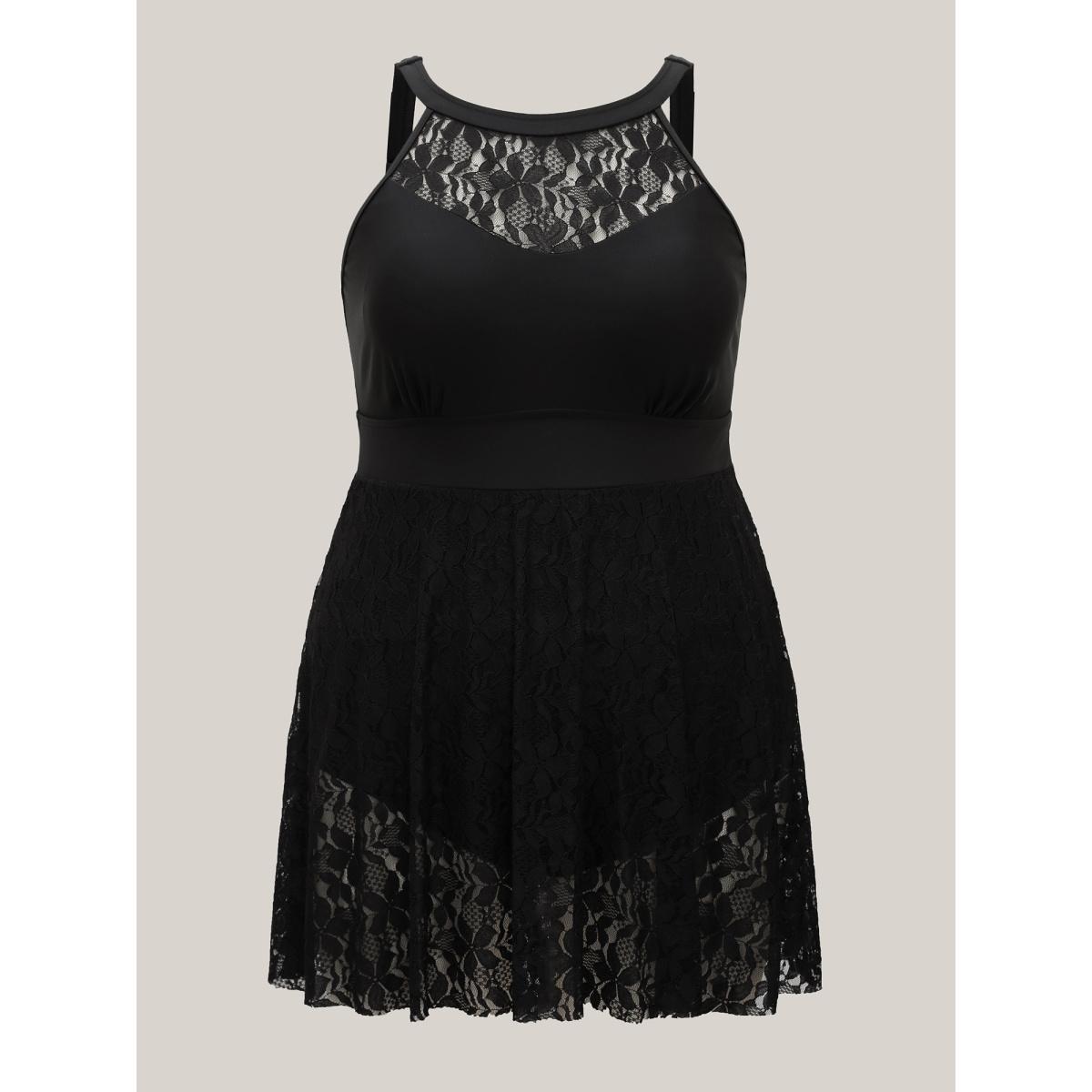 Plus Size Lace Sheer Slit Adjustable Straps Swim Dress Women's Swimwear Black Resort Bodycon Halter neck High stretch Curve Swim Dresses BloomChic 18-20/2X Product Image