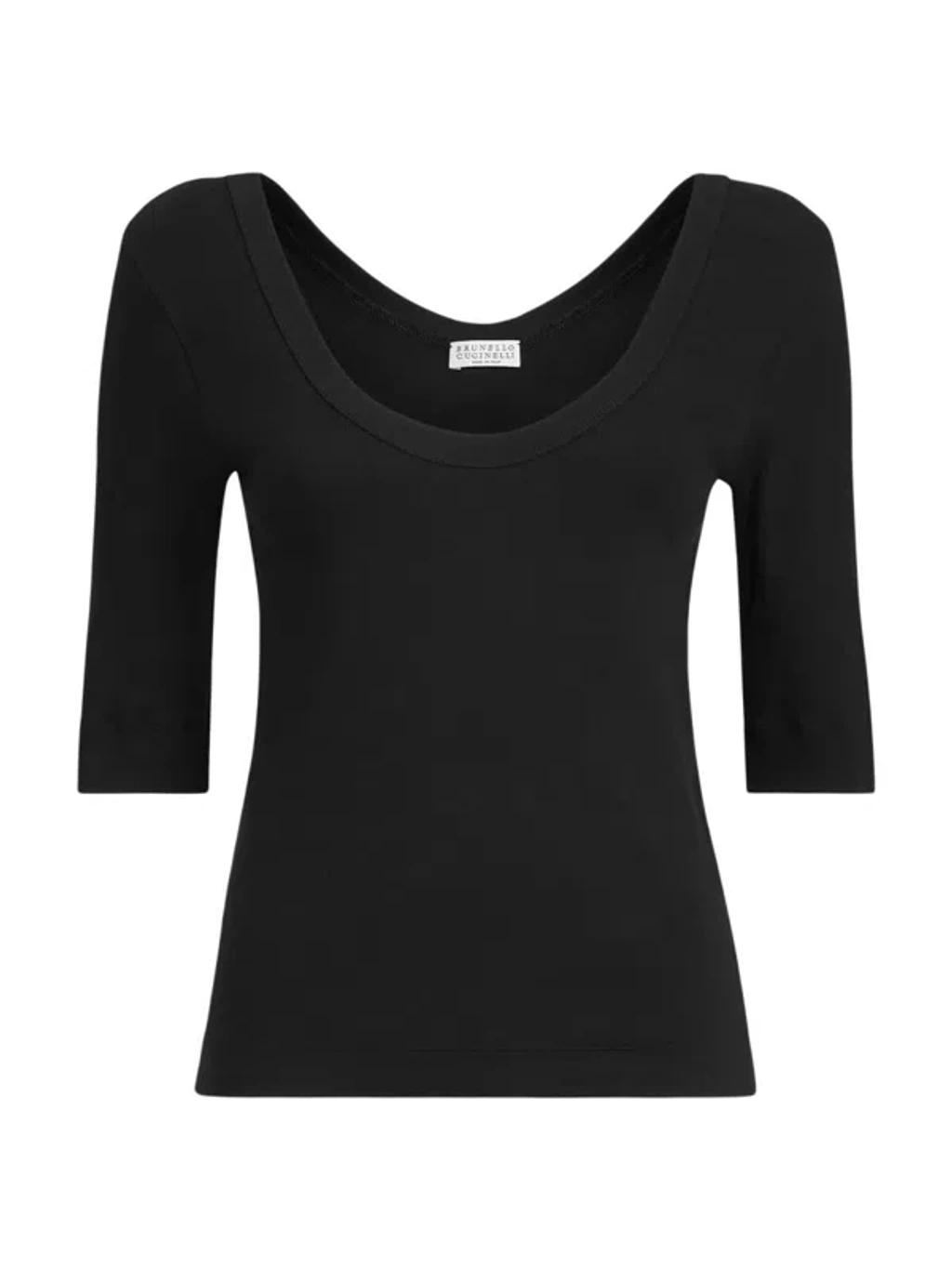 BRUNELLO CUCINELLI Ribbed Scoop Neck Short Sleeve Top In Black Product Image