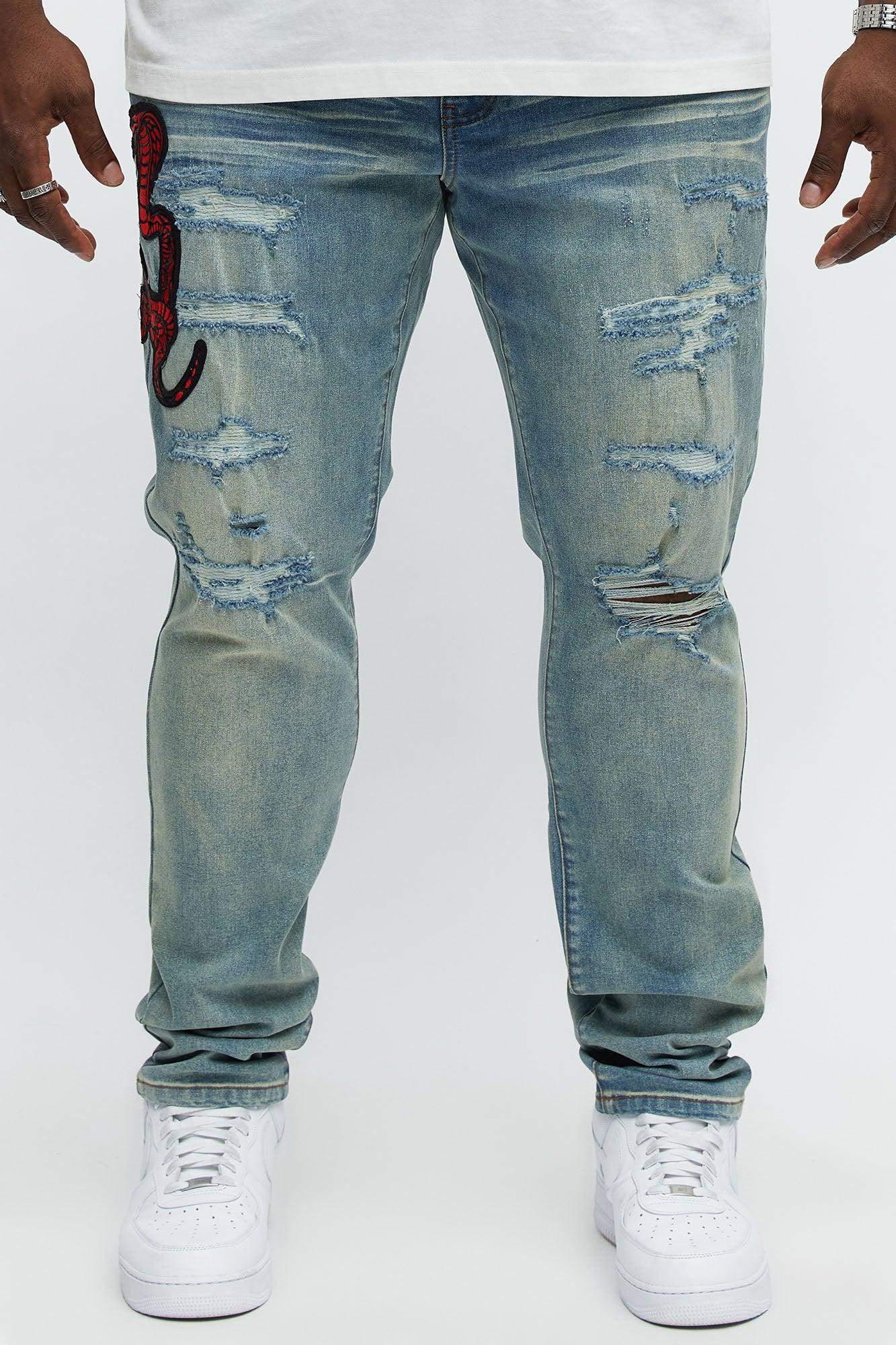 Side Snake Rip And Repair Stacked Skinny Jeans - Vintage Blue Wash Product Image
