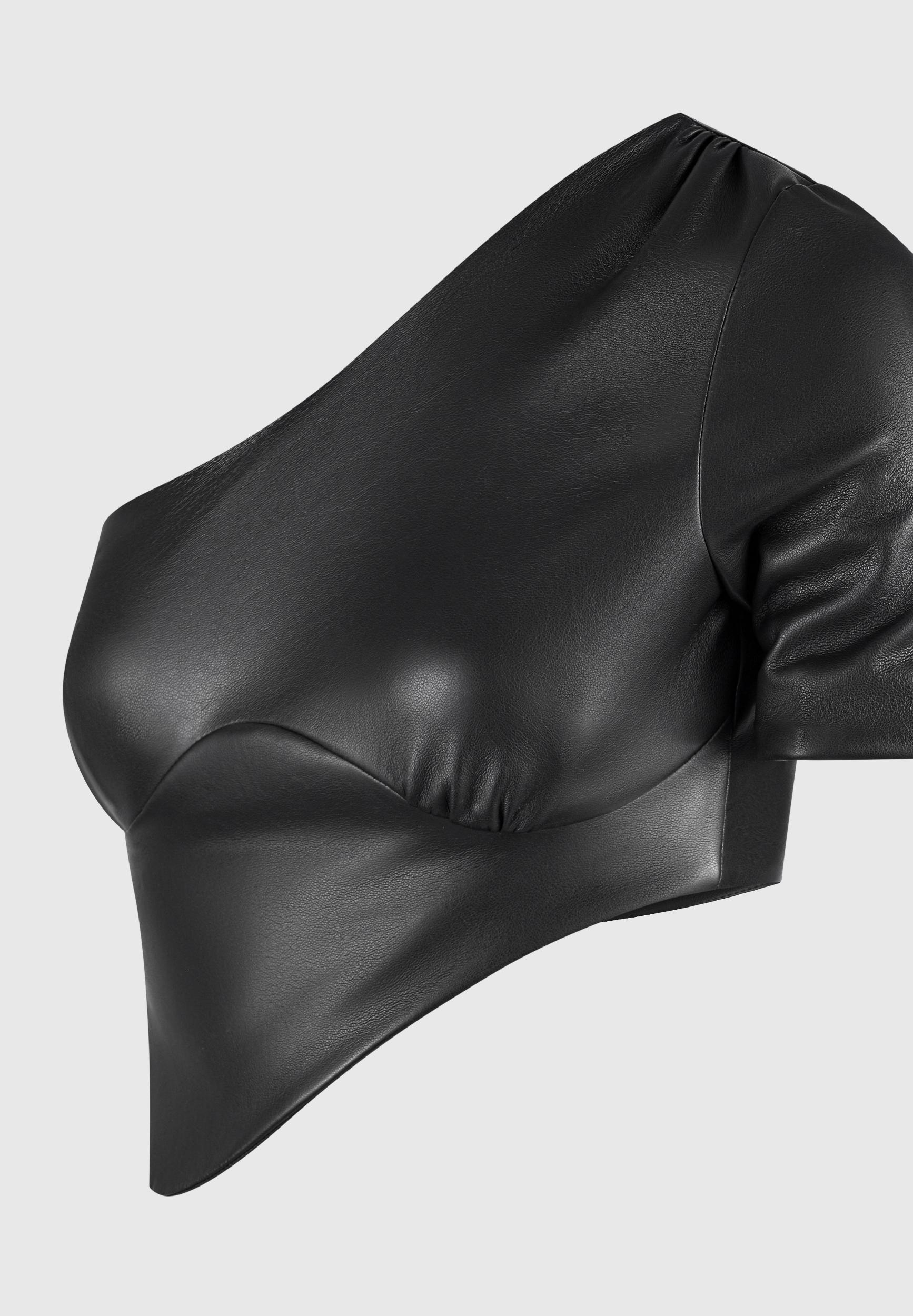 Curved Hem Leather Crop Top - Black Female Product Image