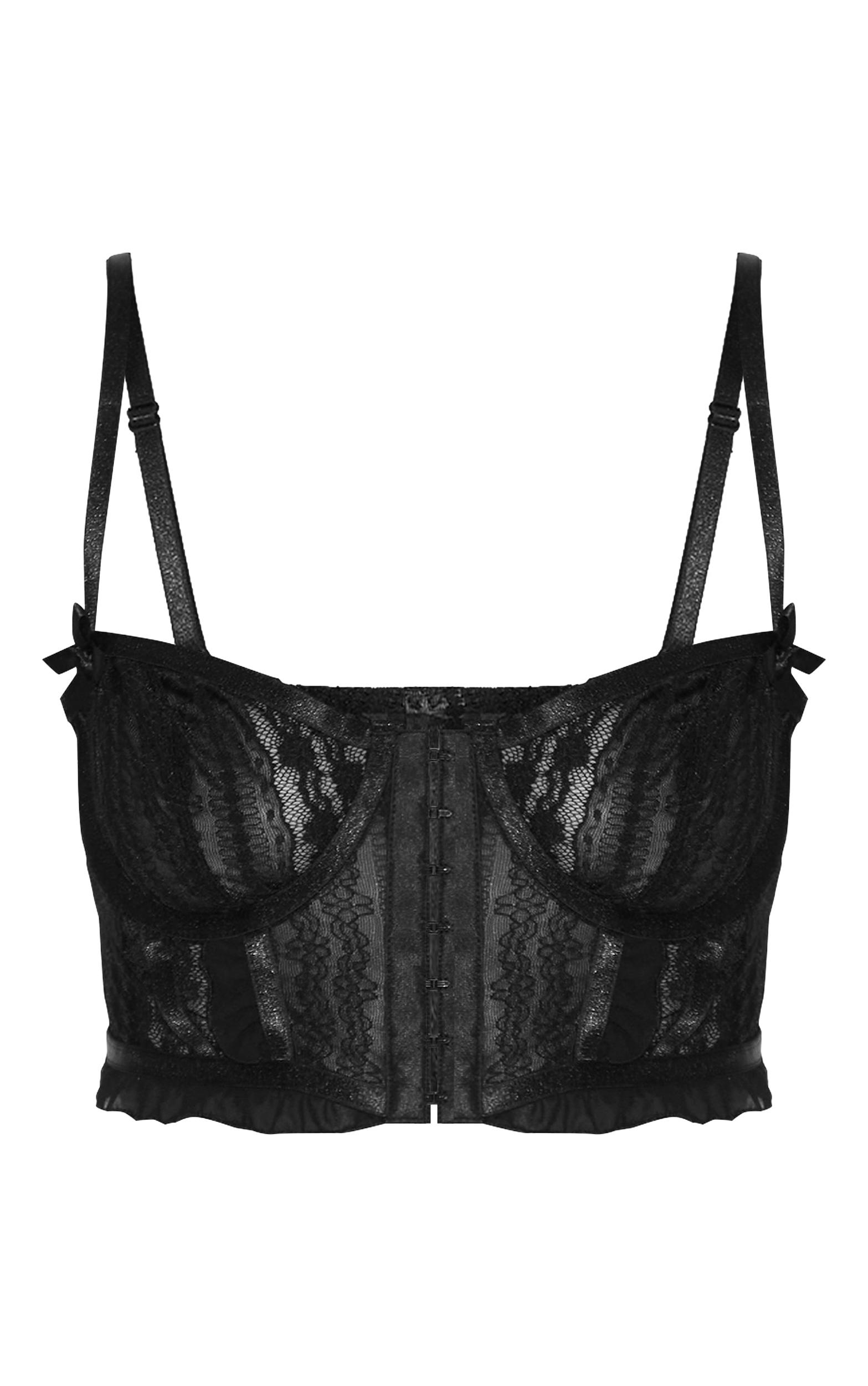 Black Textured Lace Corset Lingerie Set Product Image