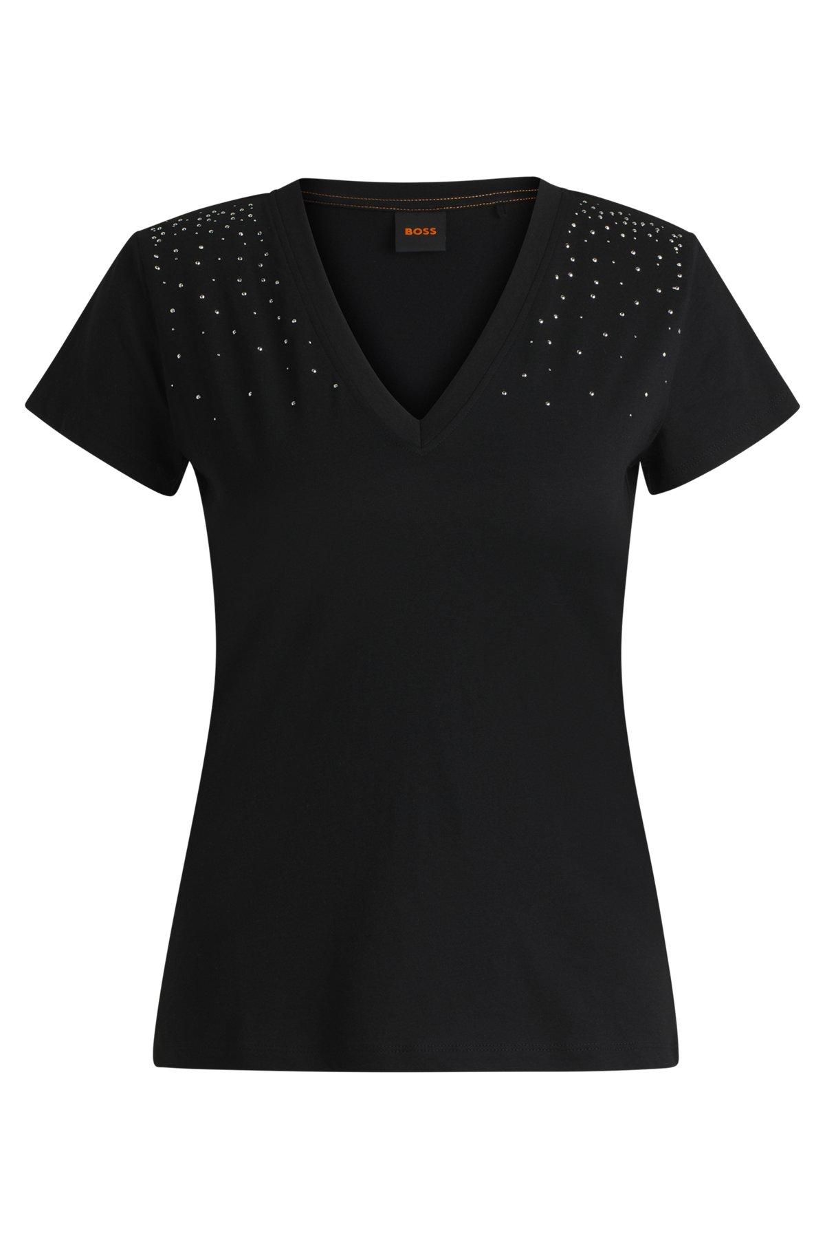 BOSS - V-neck T-shirt in cotton with embellishments - Black Product Image