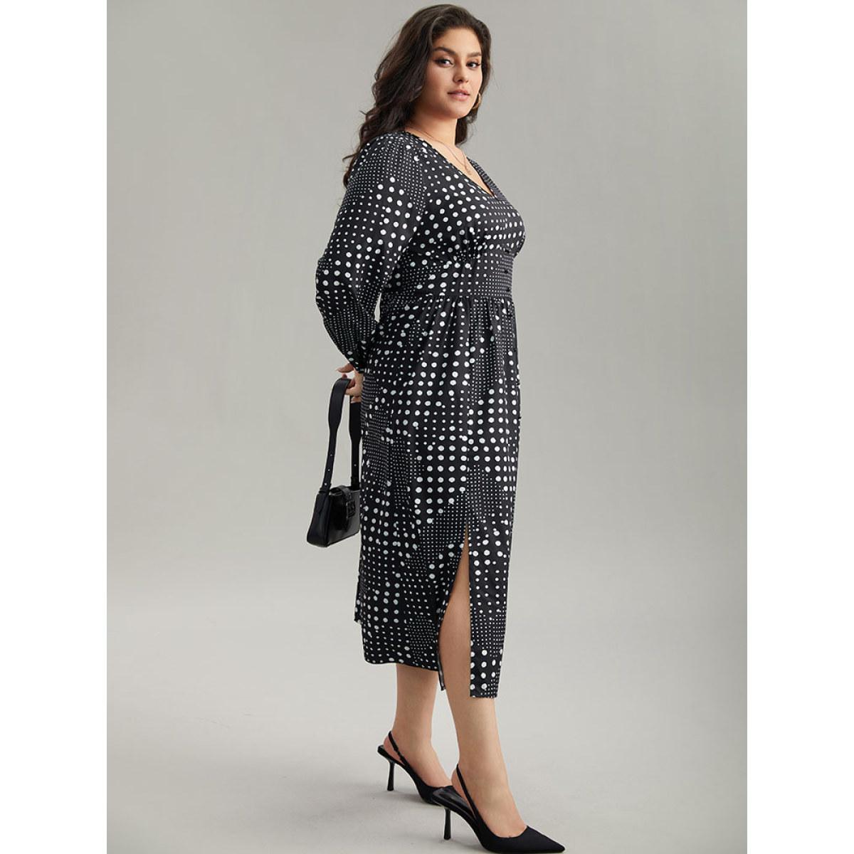 Plus Size Polka Dot Elastic Waist Split Hem Dress Black Women At the Office Pleated V-neck Long Sleeve Curvy Midi Dress BloomChic 30/6X Product Image