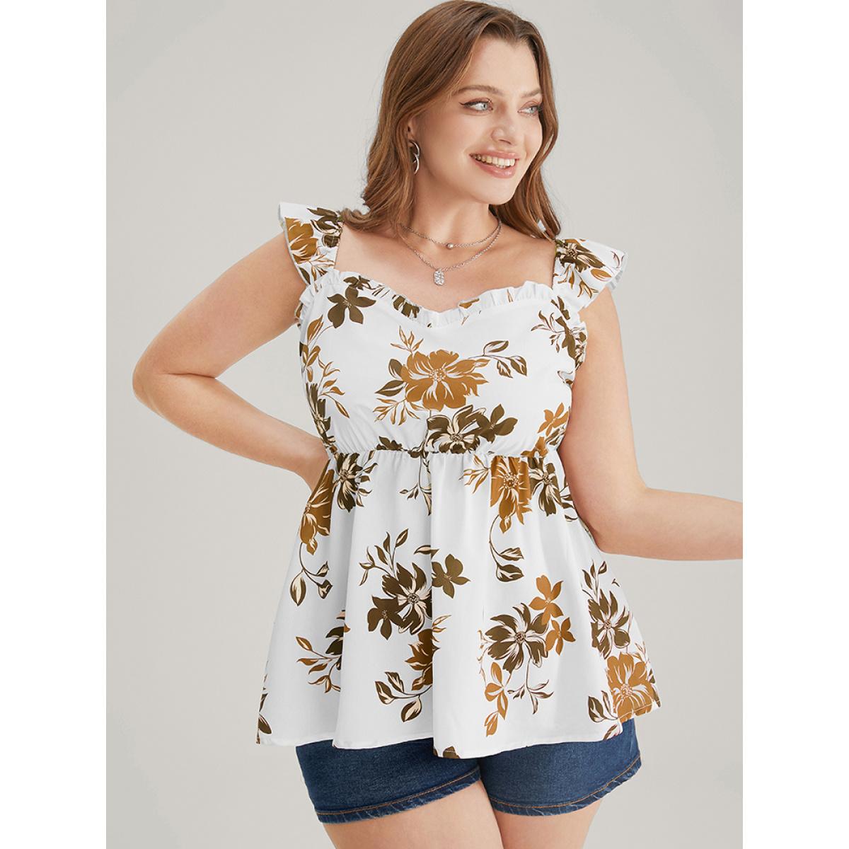 Plus Size Floral Print Babydoll Ruffles Trim Cami Top Women Chocolate Elegant Elastic Waist V-neck Dailywear Tank Tops Camis BloomChic 14-16/1X Product Image