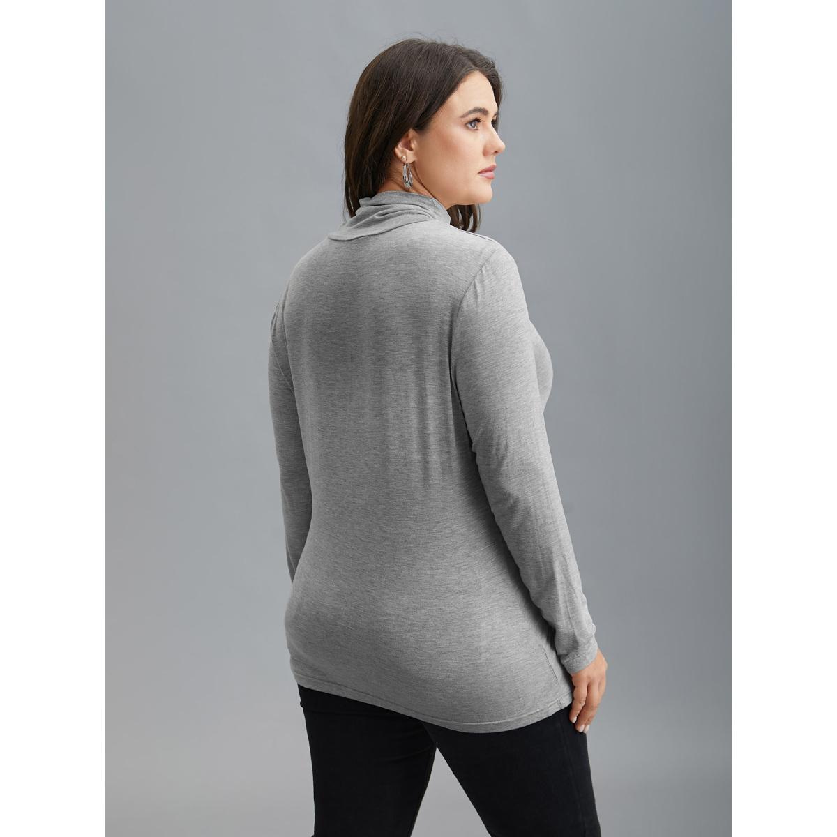 Plus Size Supersoft Essentials Solid Funnel Neck Knit T-shirt LightGray Women Elegant Plain Plain Ruffled collar Bodycon Dailywear T-shirts BloomChic 28/5X Product Image