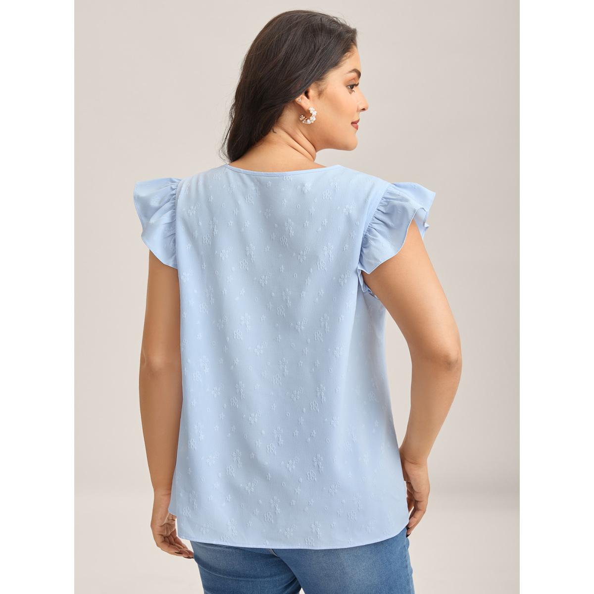 Plus Size Floral Print Textured Flutter Sleeve Tank Top Women LightBlue Texture V-neck Everyday-Elegant Tank Tops Camis BloomChic 14-16/1X Product Image