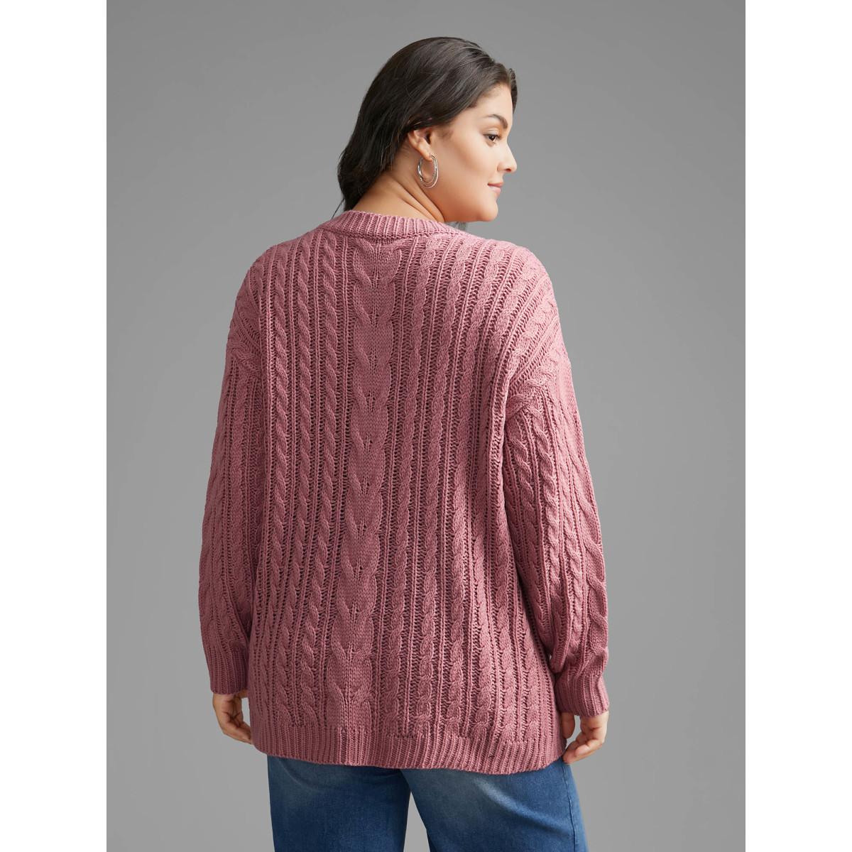 Plus Size V Neck Texture Cable Knit Pullover DustyPink Women Casual Loose Long Sleeve V-neck Everyday Pullovers BloomChic 26/4X Product Image