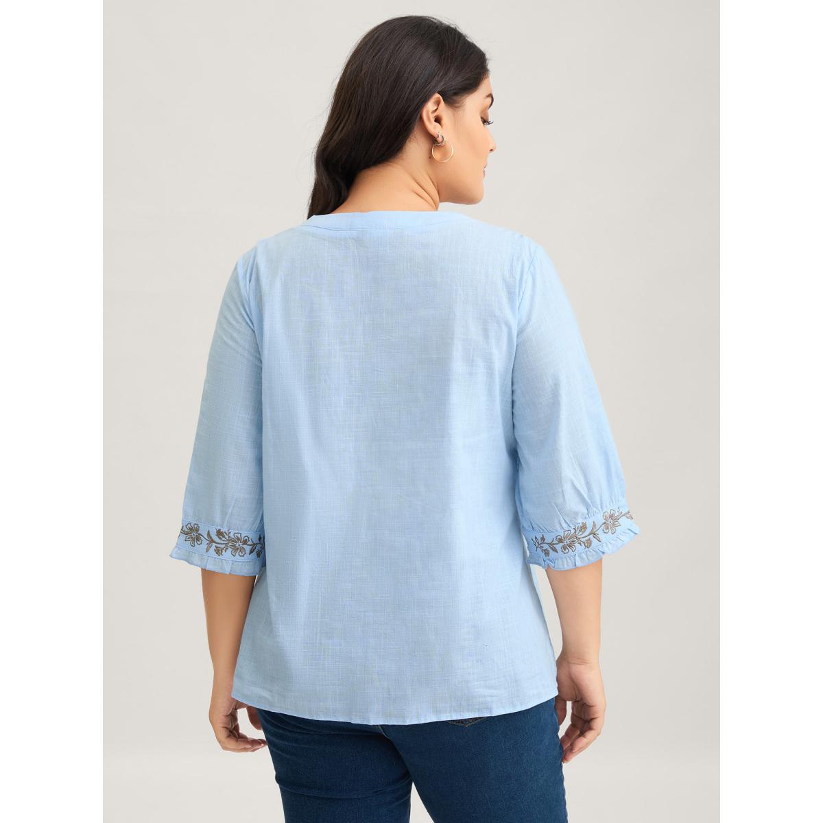 Plus Size LightBlue Cotton Floral Embroidered Notched Collar Frill Trim Blouse Women Leisure Elbow-length sleeve Stand-up collar Casual Blouses BloomChic 14-16/1X Product Image