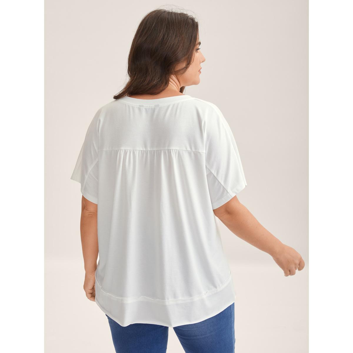 Plus Size Stretchy Handmade Shirred Relaxed-Fit T-Shirt WhiteSmoke Women Gathered V-neck Casual T-shirts BloomChic 14-16/1X Product Image