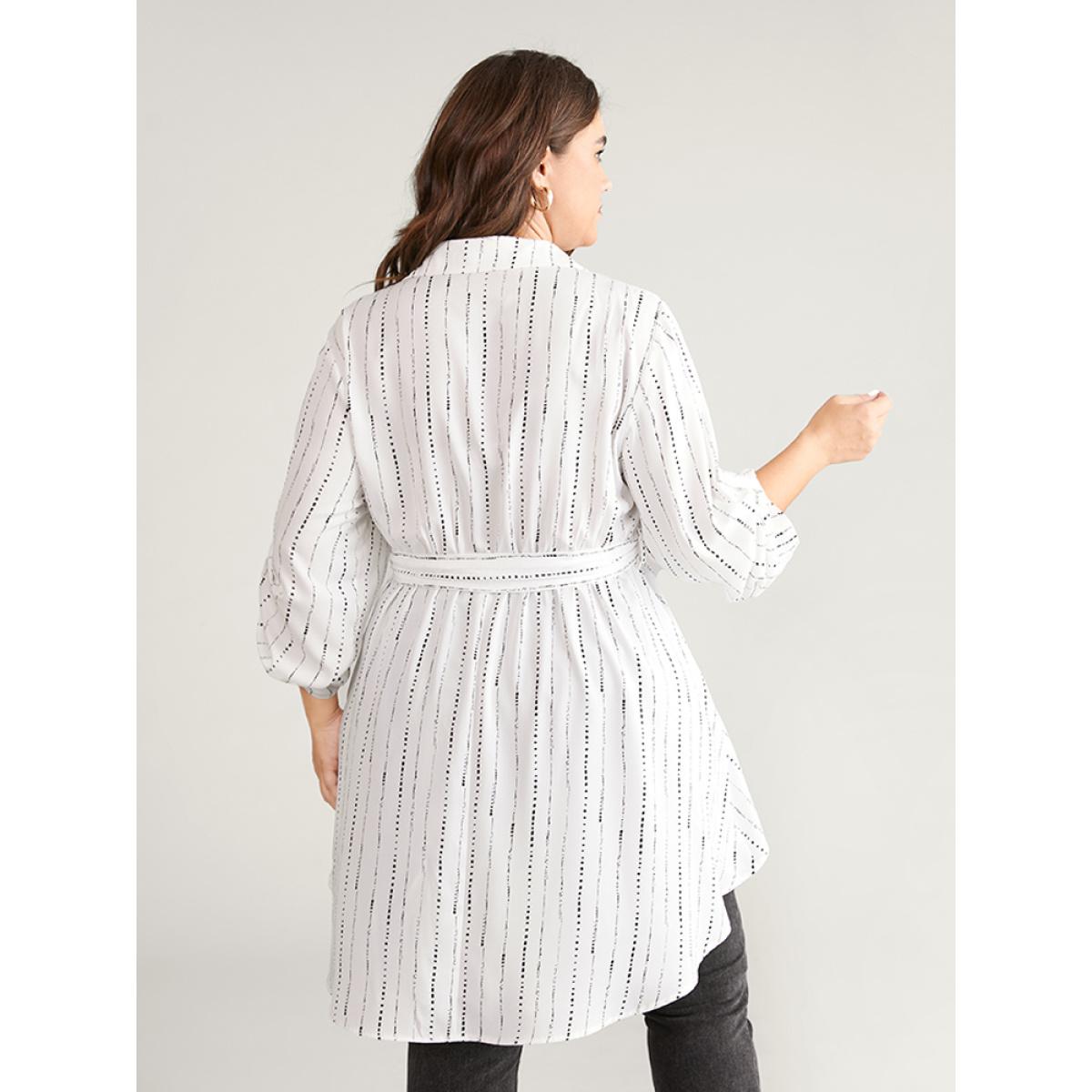 Plus Size White Striped Belted Shirt Collar Asymmetrical Hem Blouse Women Office Long Sleeve Shirt collar Office Blouses BloomChic 18-20/2X Product Image