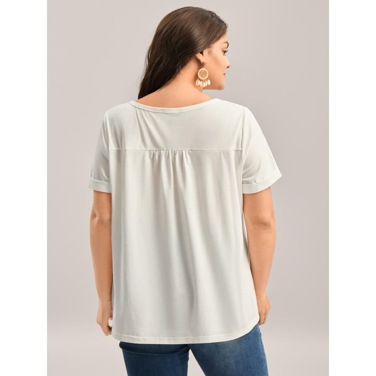Plus Size Button Placket Split Neck Pleated T-Shirt Originalwhite Women Gathered Notched collar Vacation T-shirts BloomChic 12/L Product Image