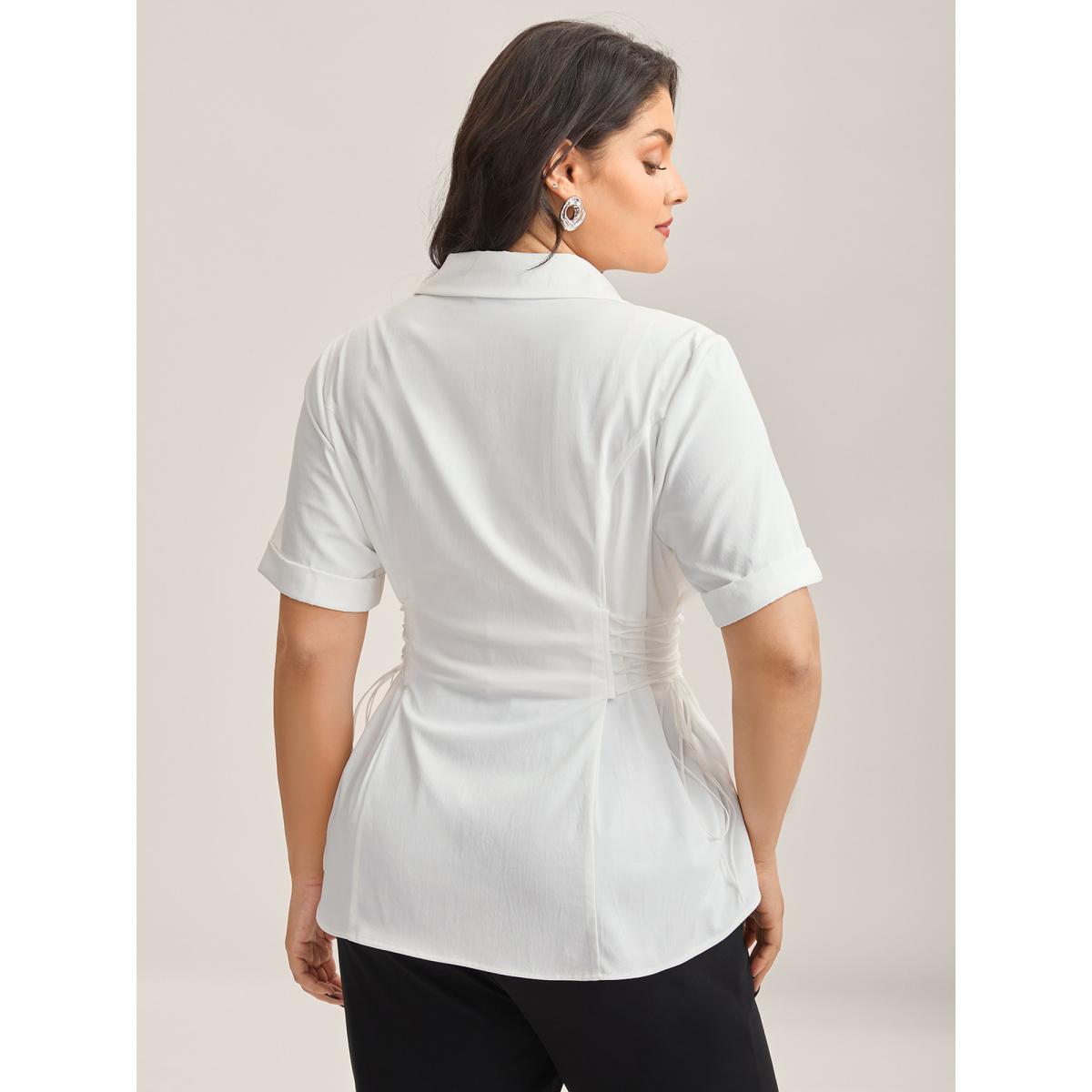 Plus Size Originalwhite Adjustable Waist Button Placket Solid Blouse Women Short sleeve Shirt collar Work Blouses BloomChic 14-16/1X Product Image
