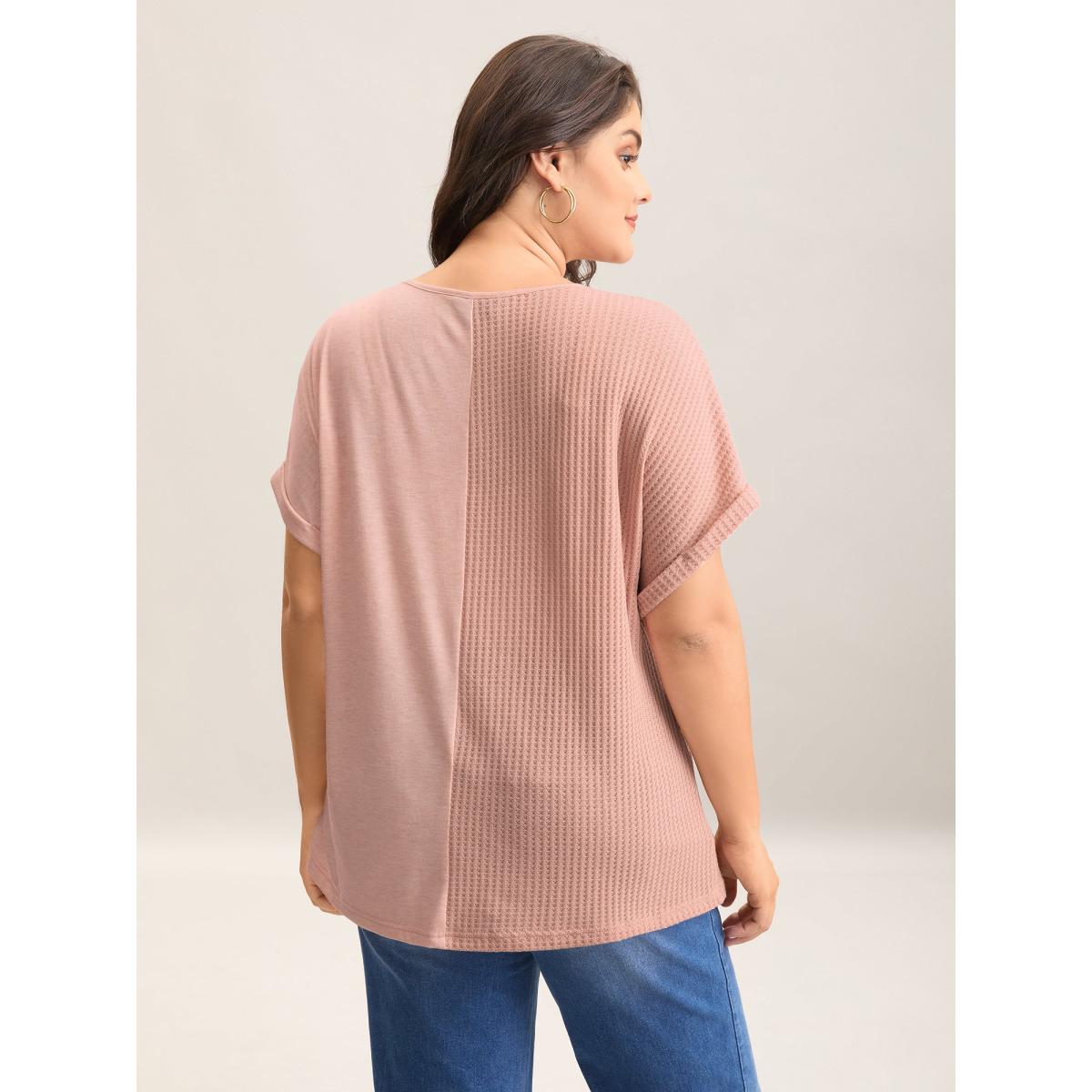 Plus Size Textured Button Detail Spliced T-Shirt Nudepink Women Texture V-neck Everyday-Casual T-shirts BloomChic 12/L Product Image