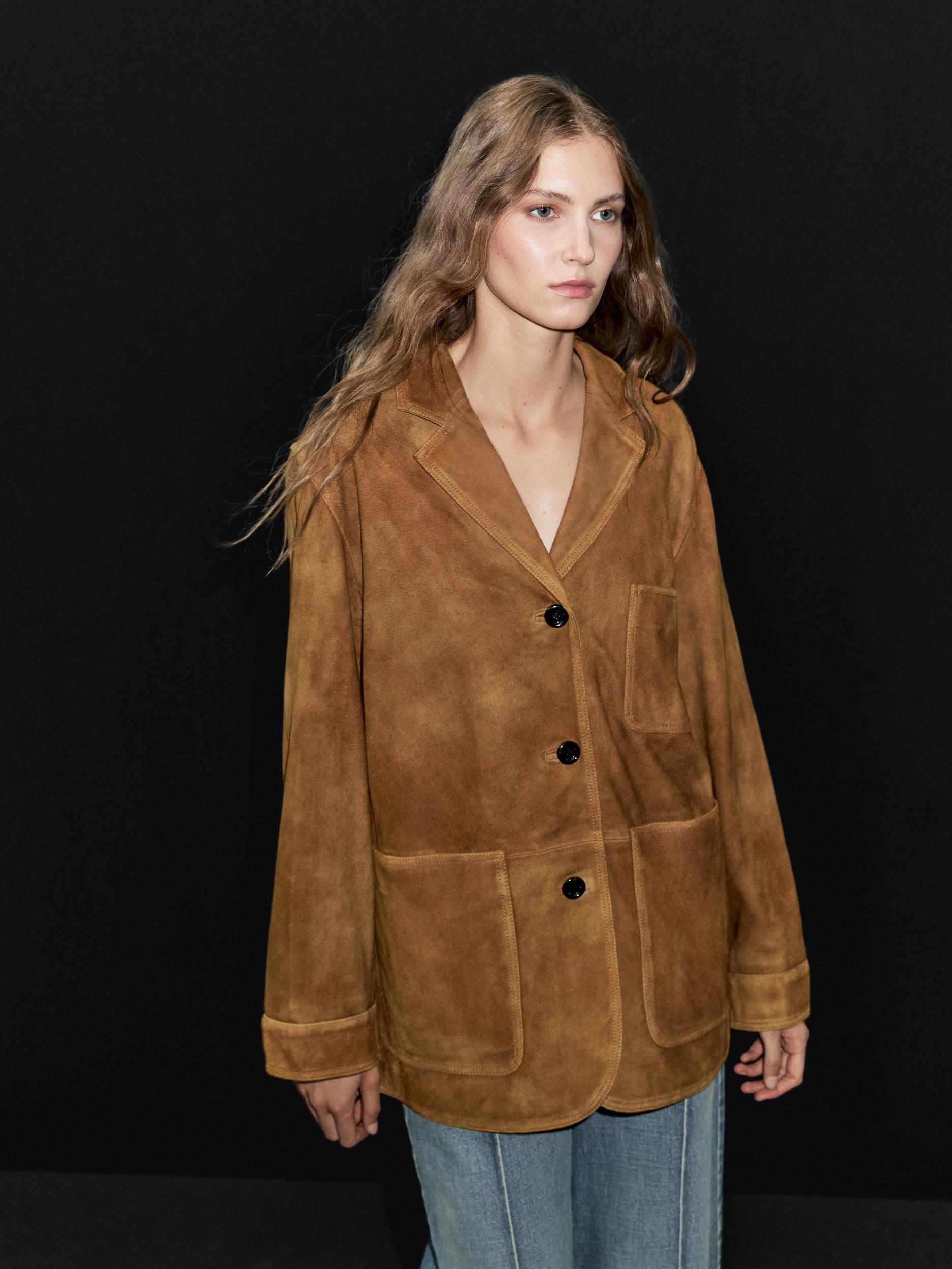 Suede leather blazer with pockets Product Image