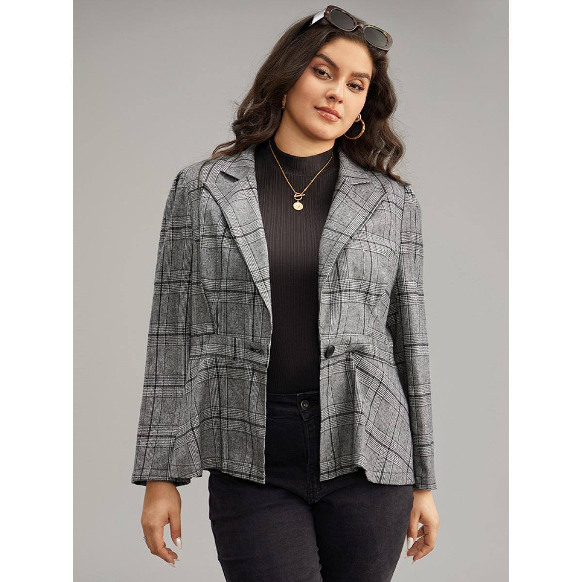 Plus Size Plaid Suit Collar Button Up Blazer Gray Women Work Plaid Button Sleeve Long Sleeve Suit Collar 22-24/3X At the Office Blazers BloomChic Product Image
