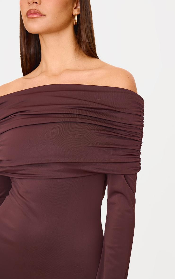 Chocolate Matte Sculpt Double Layer Foldover Bardot Long Sleeve Mini Dress Product Image