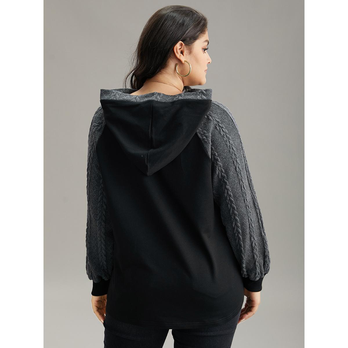 Plus Size Rib Knit Cable Knit Patchwork Hooded Sweatshirt Women Black Casual Elastic cuffs Hooded Dailywear Sweatshirts BloomChic 26/4X Product Image