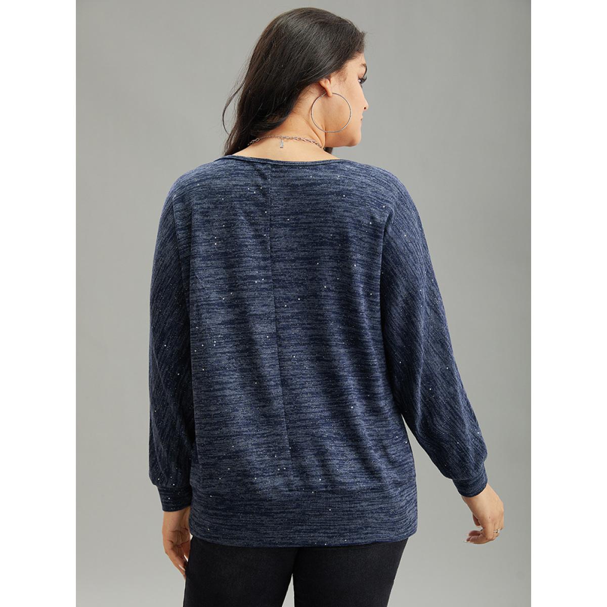 Plus Size Solid Heather V Neck Sequin T-shirt Blue Women Casual Texture Plain V-neck Everyday T-shirts BloomChic 10/M Product Image