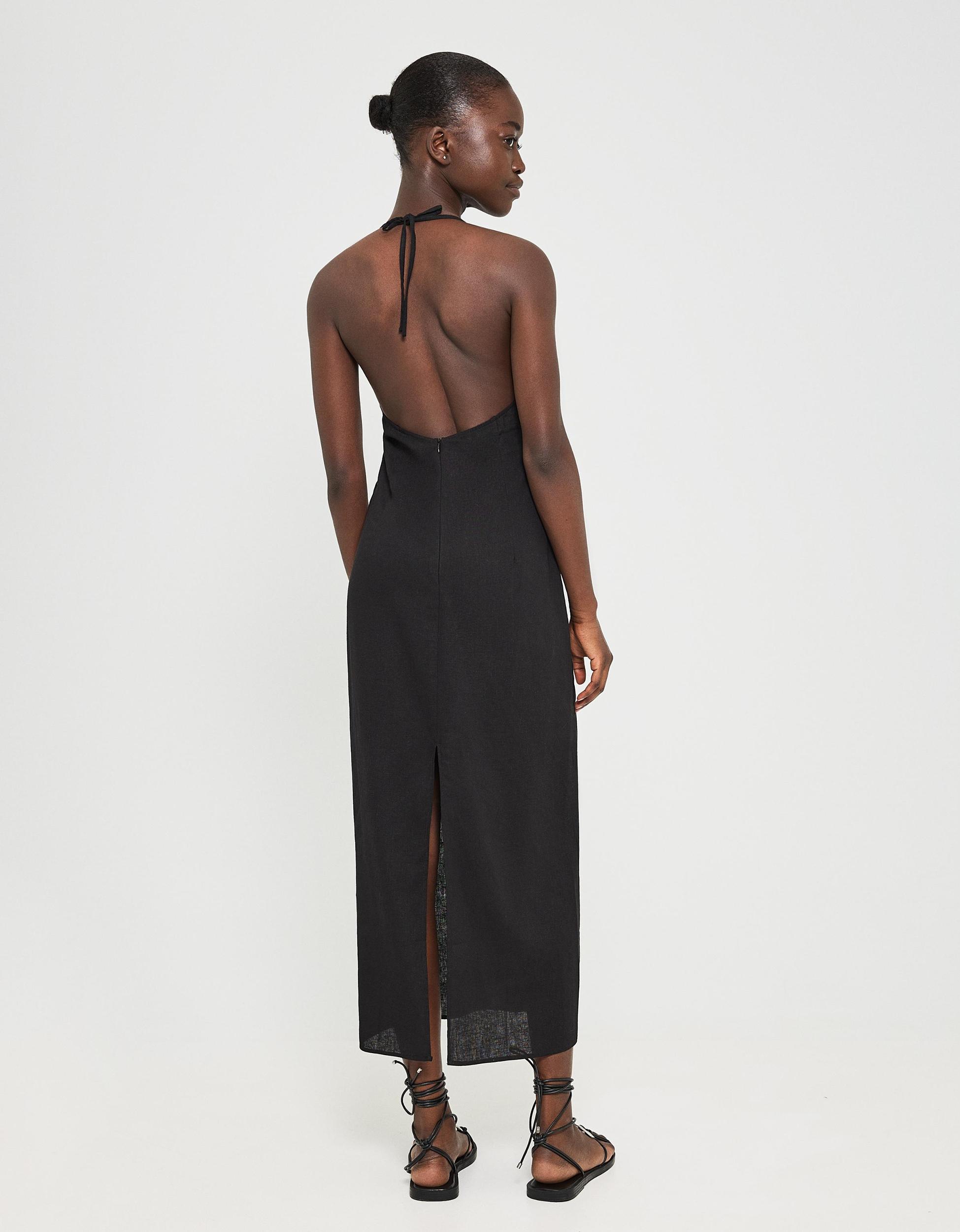 Linen blend tie-up halter midi dress Product Image