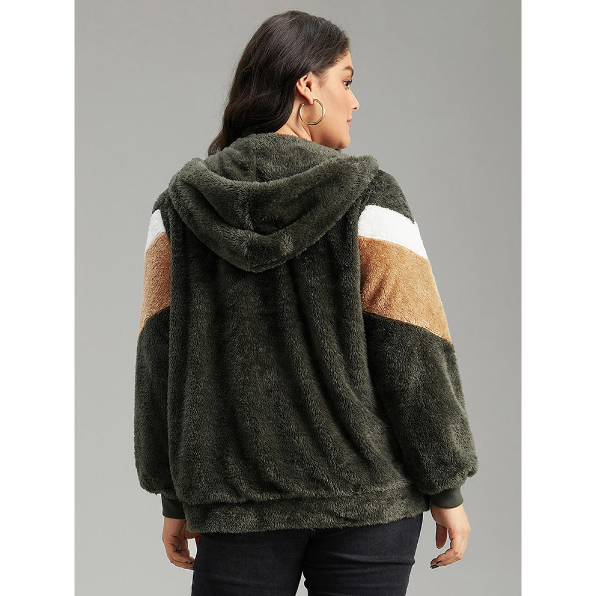 Plus Size Colorblock Contrast Fuzzy Zipper Jacket Women ArmyGreen Elastic cuffs Pocket Everyday Jackets BloomChic 14-16/1X Product Image