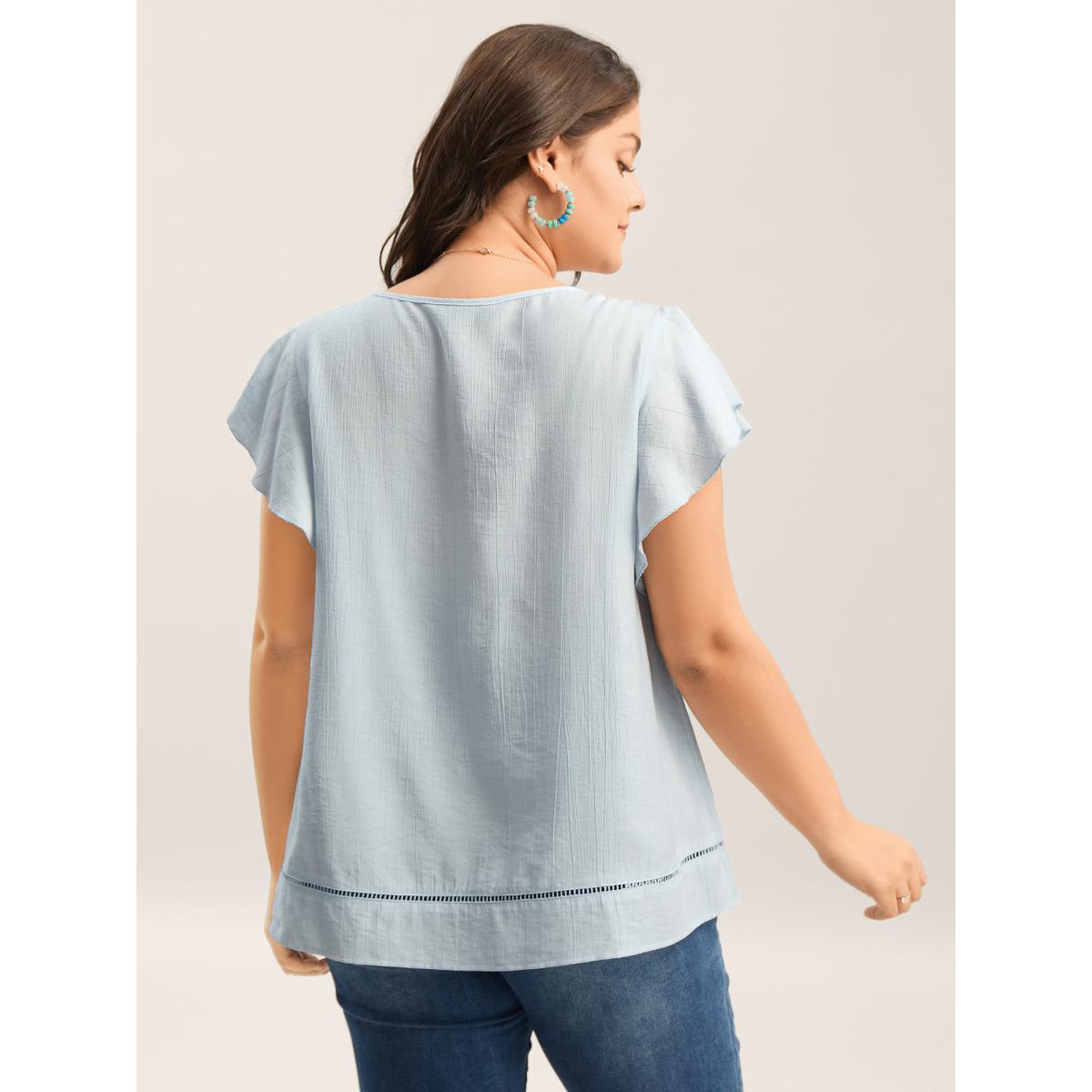 Plus Size LightBlue Supersoft Cotton Linen Blend Ruffled Blouse Women Boho Cap Sleeve Round Neck Vacation Blouses BloomChic 22-24/3X Product Image
